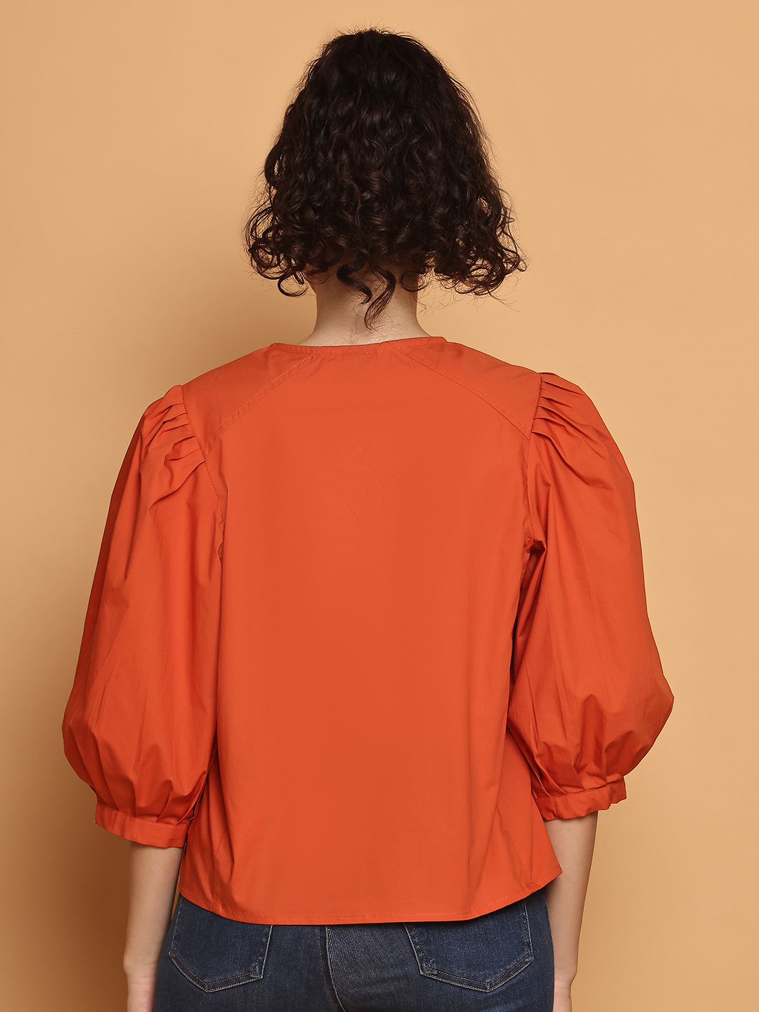 Orange Cotton Puffed Sleeves Top