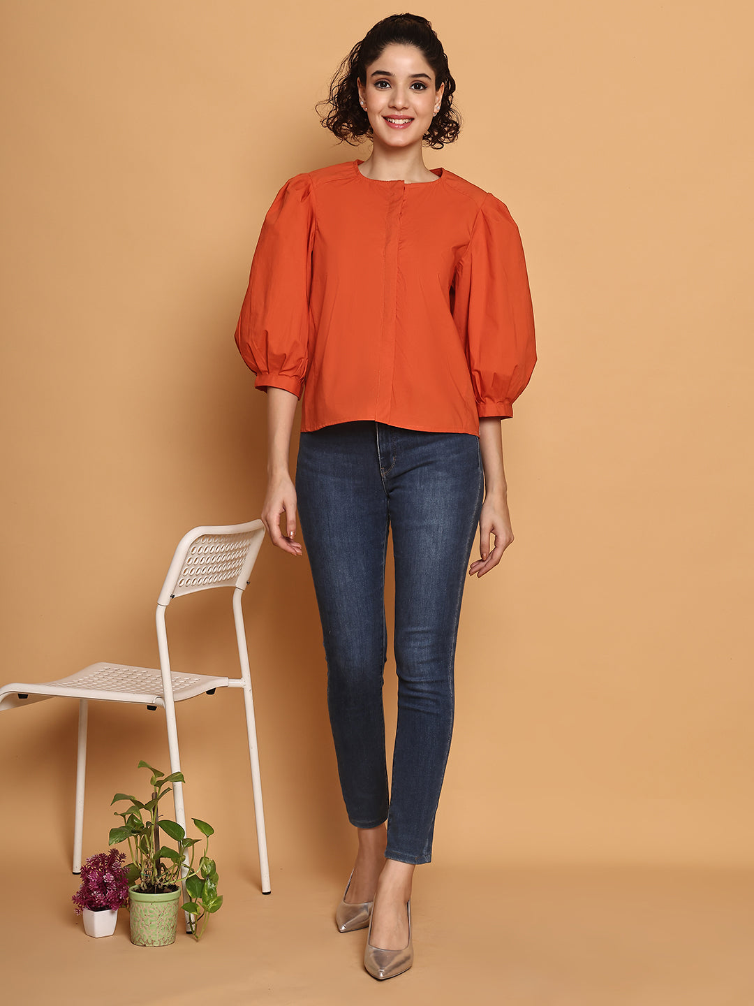 Orange Cotton Puffed Sleeves Top
