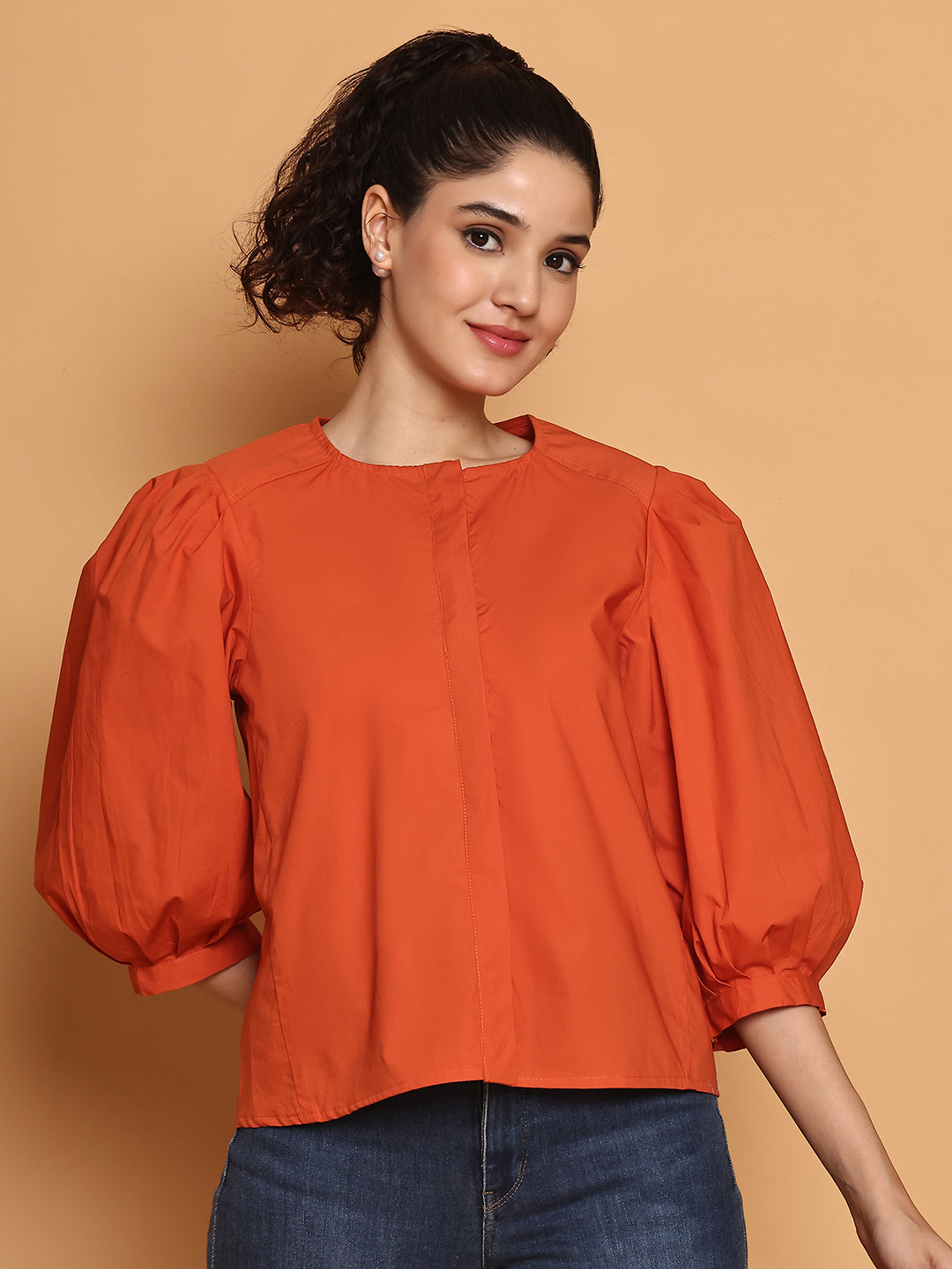 Orange Cotton Puffed Sleeves Top