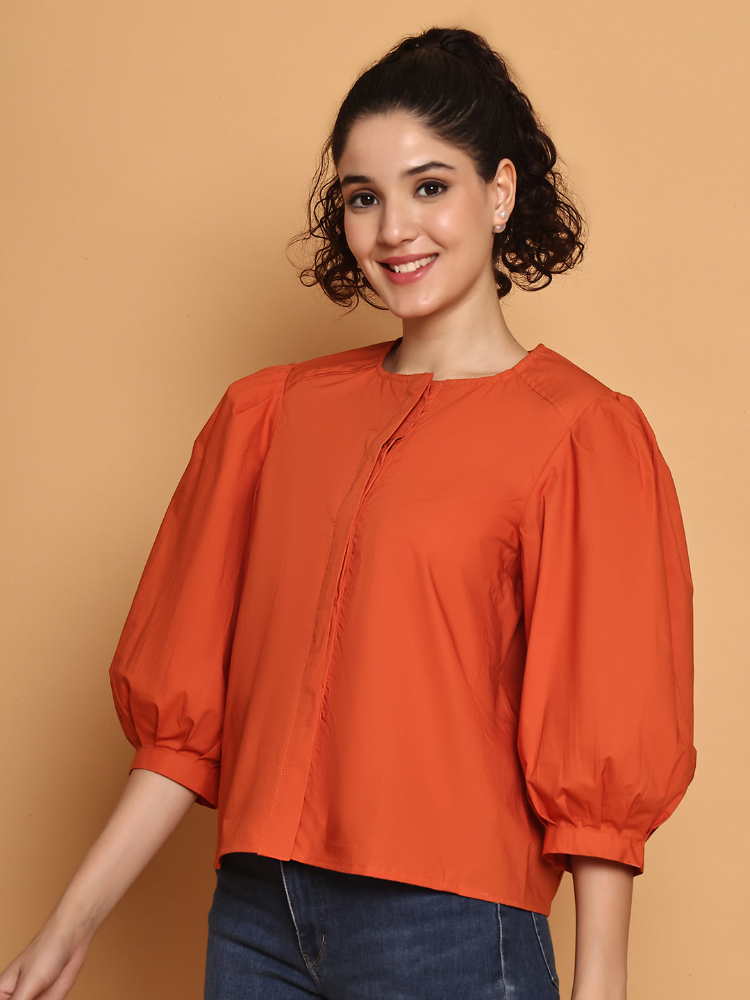 Orange Cotton Puffed Sleeves Top