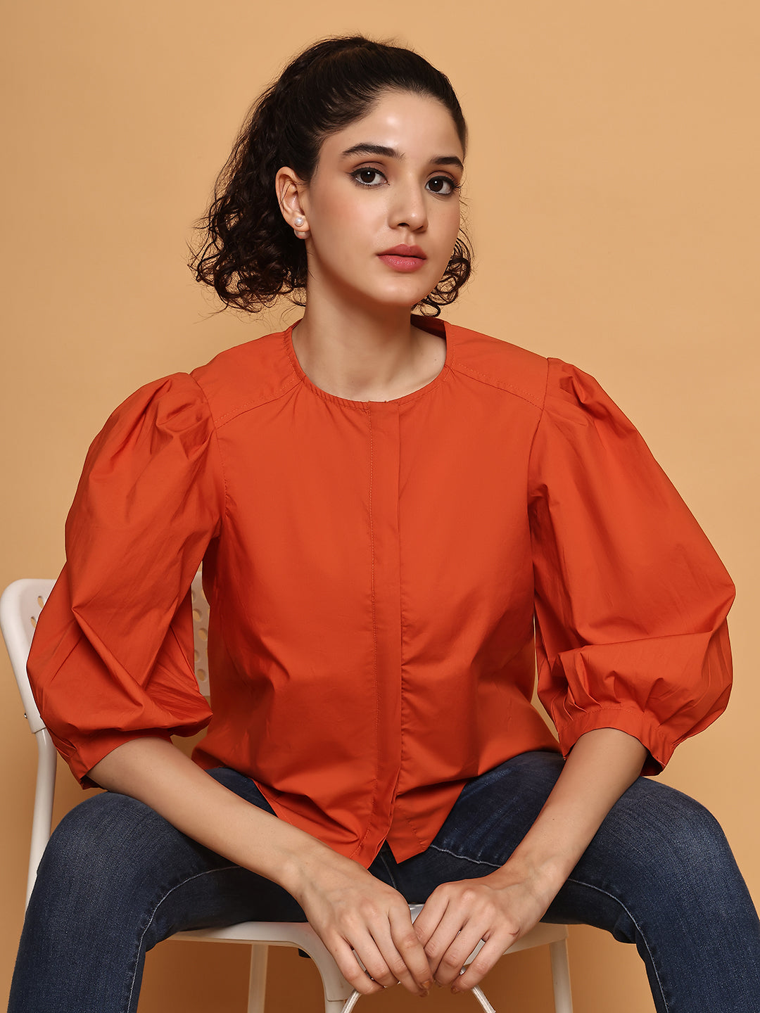 Orange Cotton Puffed Sleeves Top