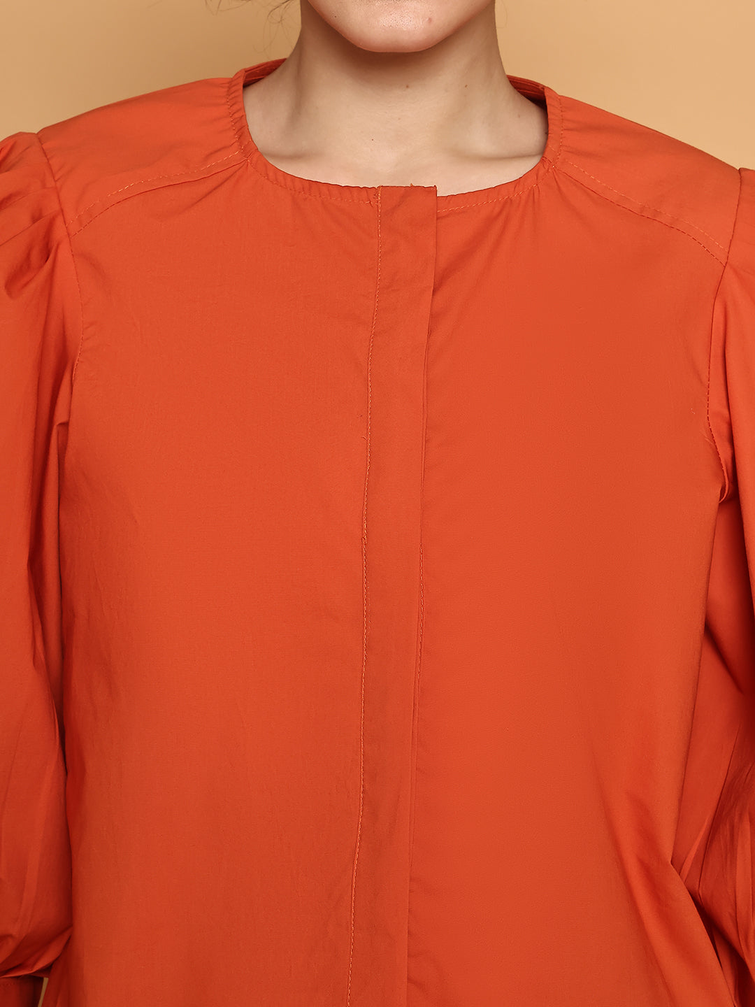 Orange Cotton Puffed Sleeves Top