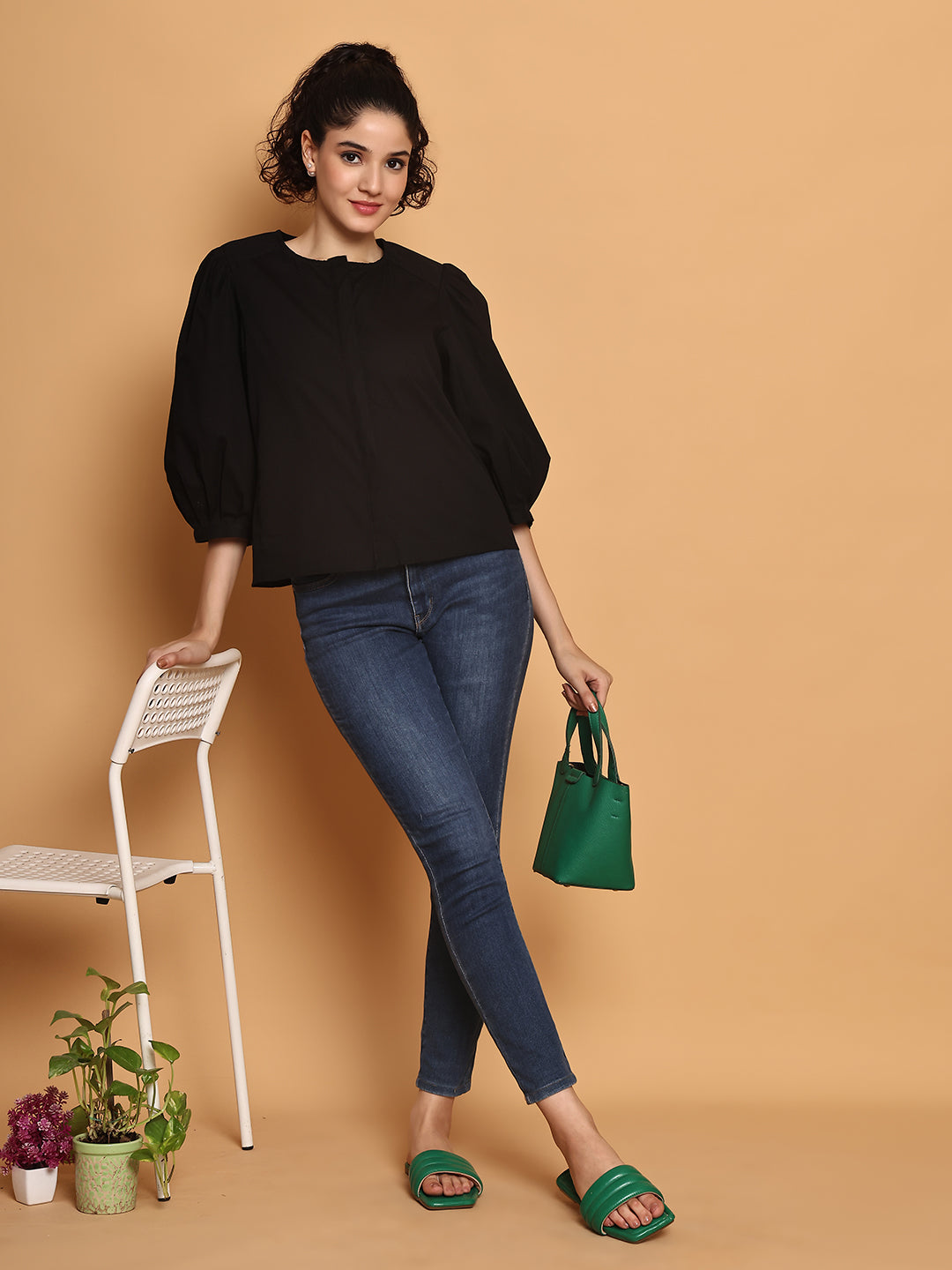 Black Cotton Puffed Sleeves Top