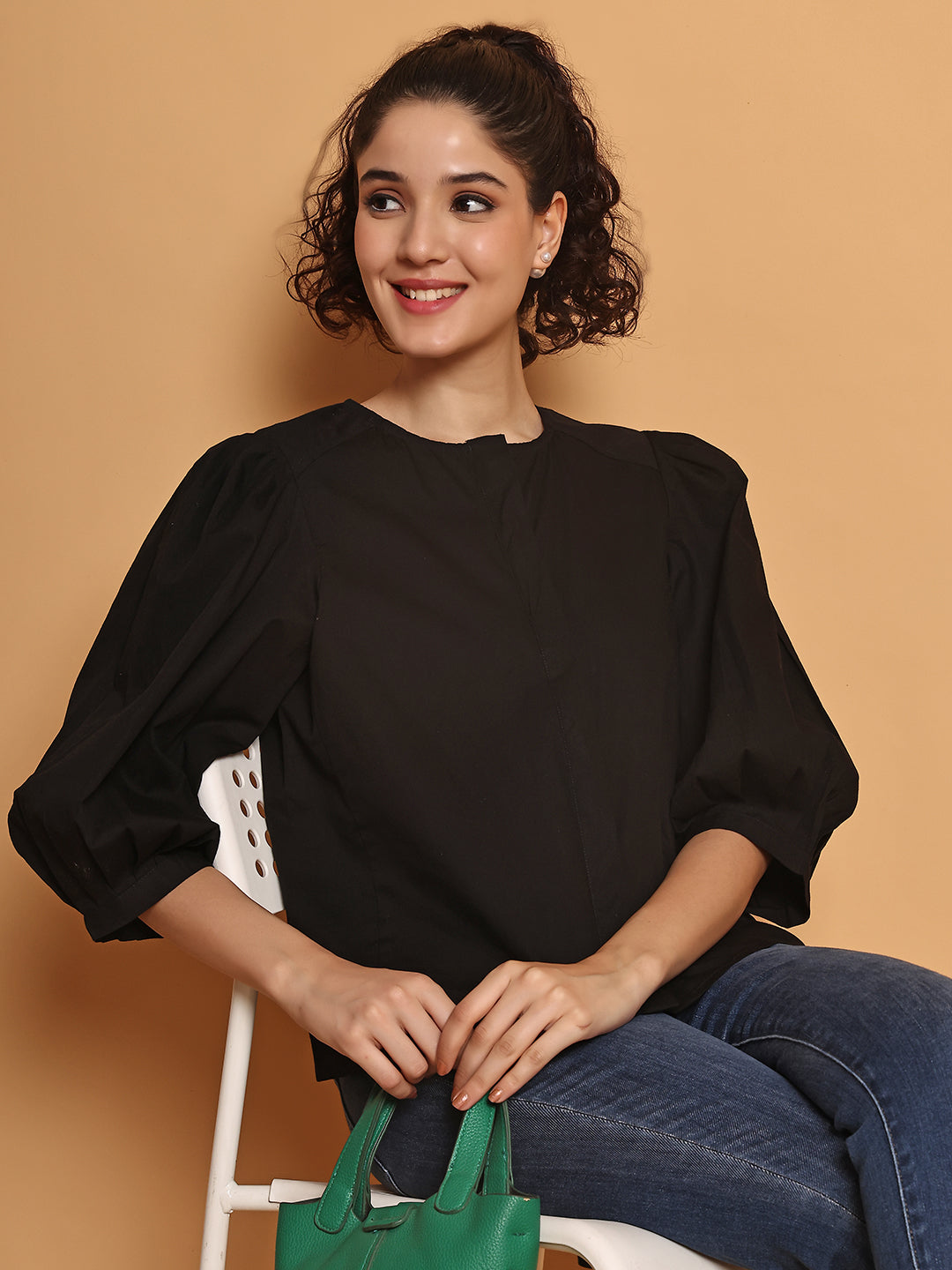 Black Cotton Puffed Sleeves Top