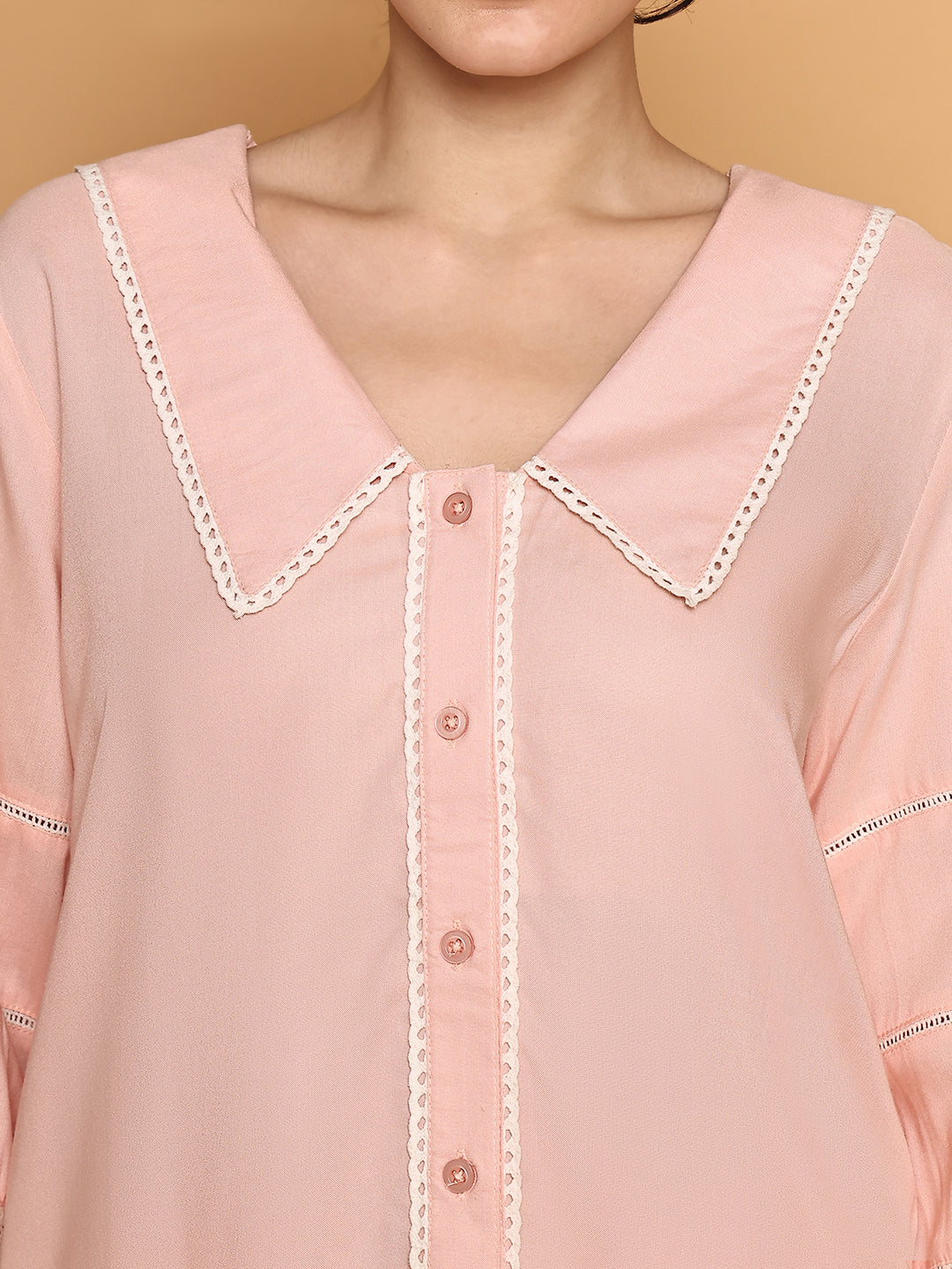 Peach Nightwear With Lace Inserts in Sleeves