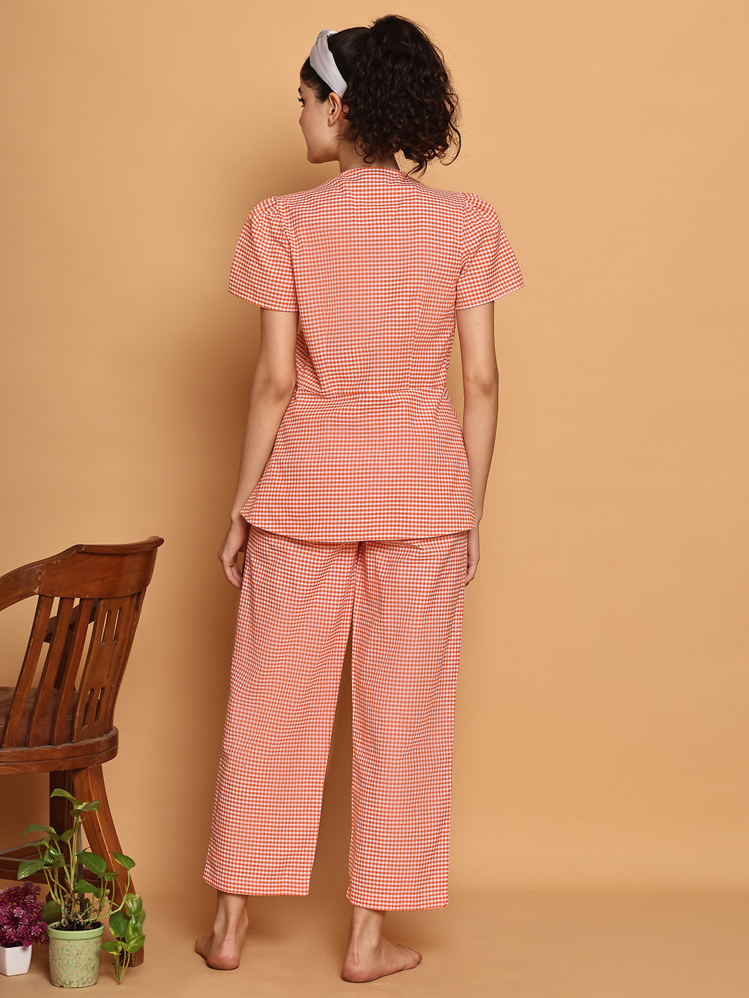 Orange checkered peplum top nightwear