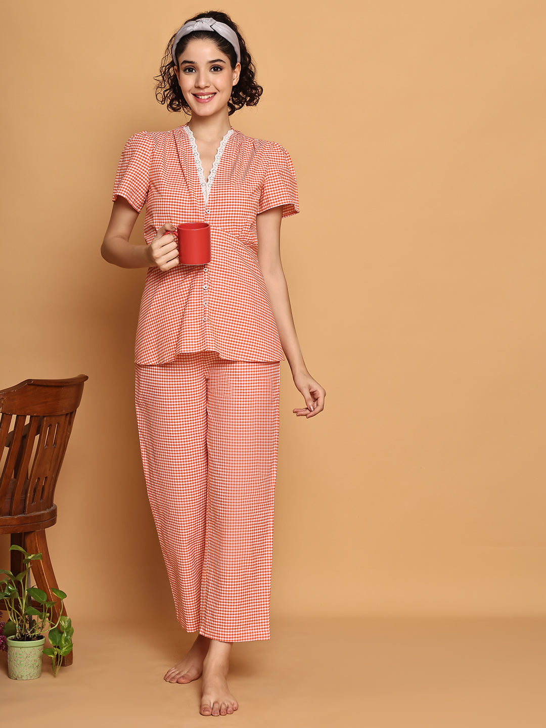 Orange checkered peplum top nightwear