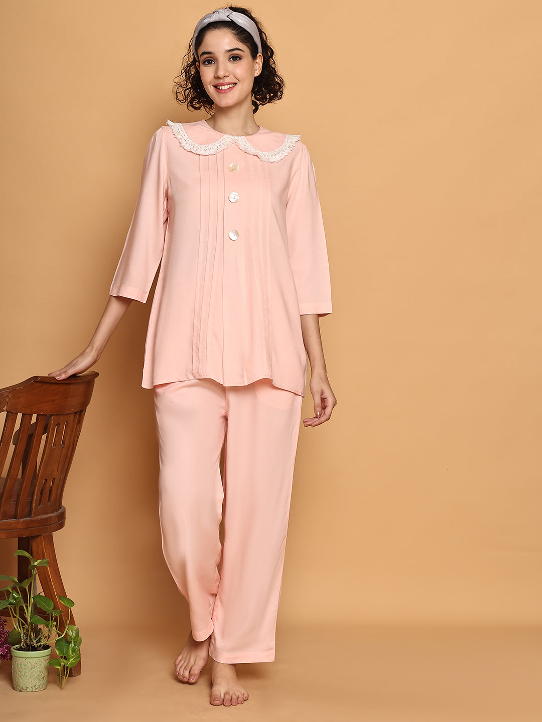 Baby Pink Fringe Lace Collar Nightwear