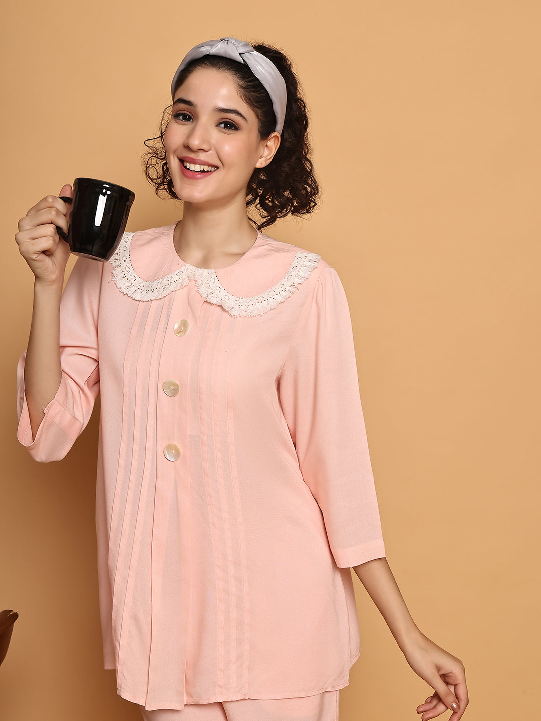 Baby Pink Fringe Lace Collar Nightwear