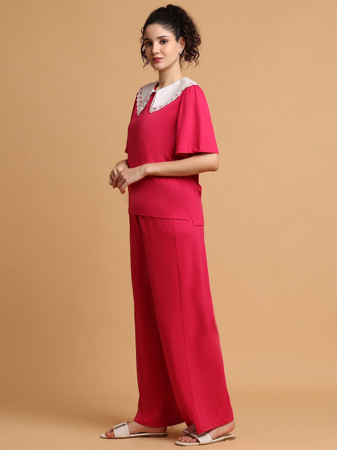 Pink Contrast Collared T-shirt with Lower