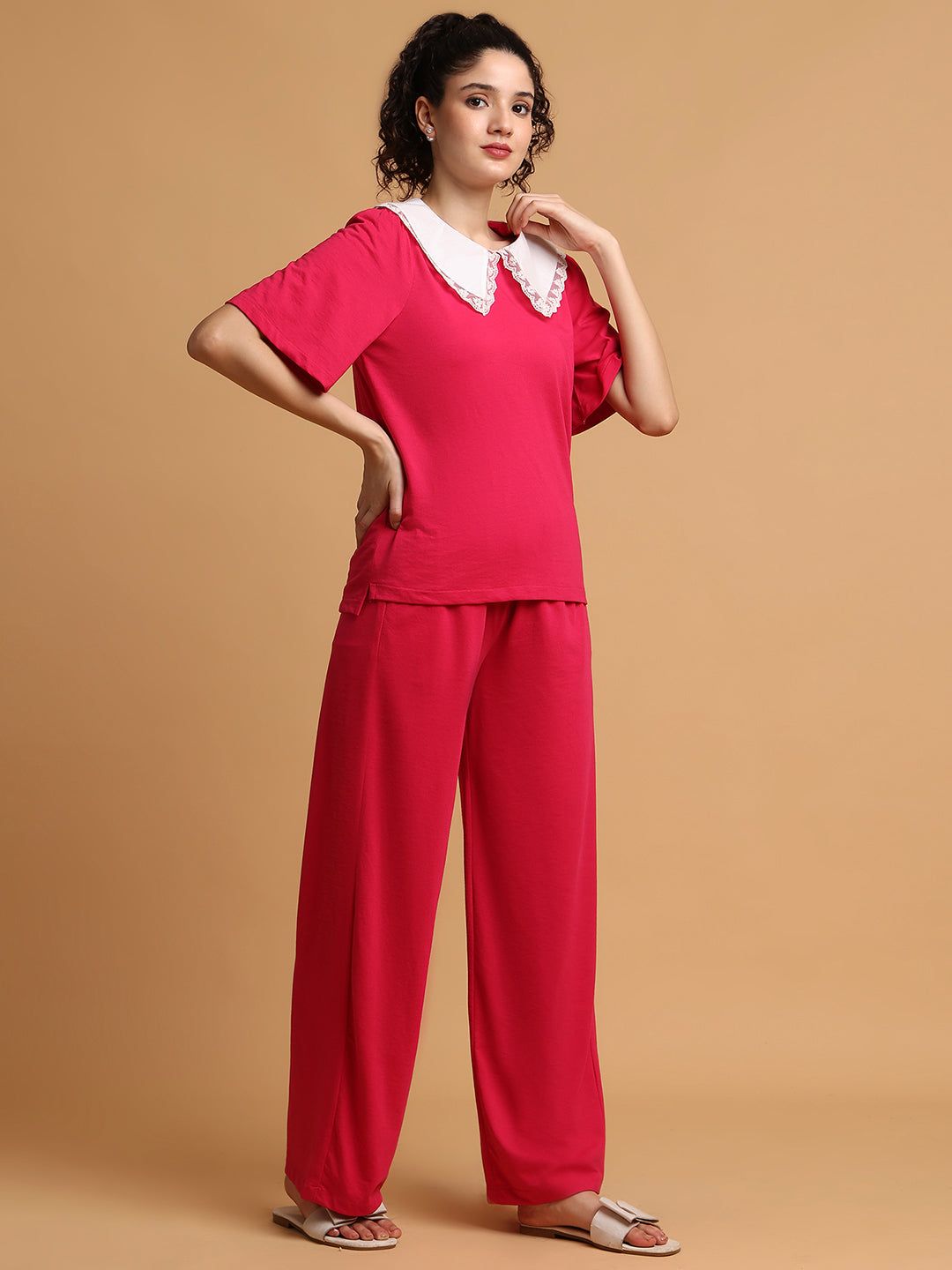 Pink Contrast Collared T-shirt with Lower