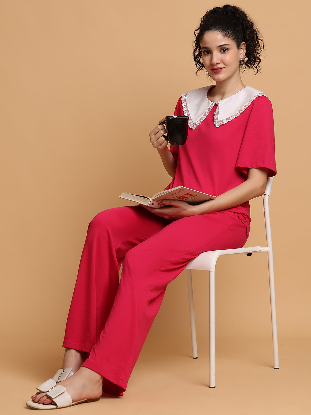 Pink Contrast Collared T-shirt with Lower