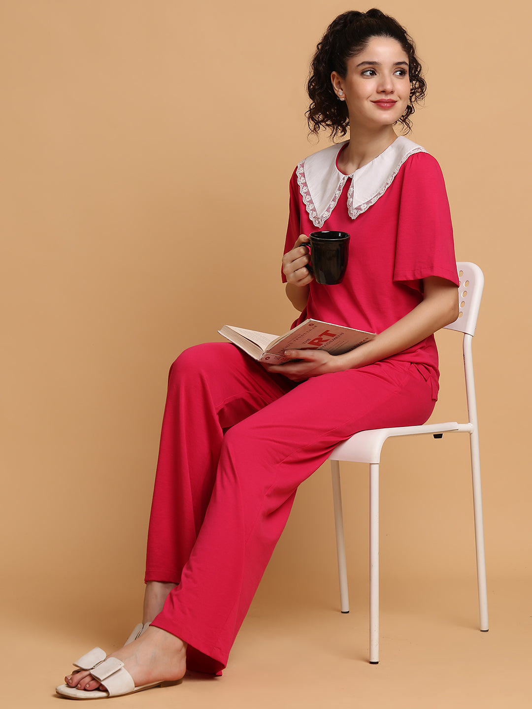 Pink Contrast Collared T-shirt with Lower