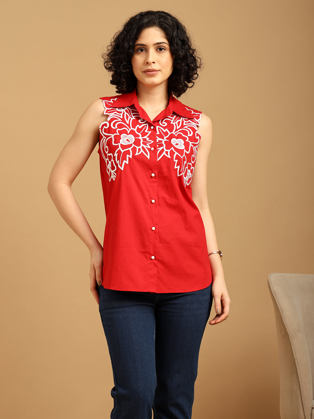 Red Shirt with white Cut Out Embroidery