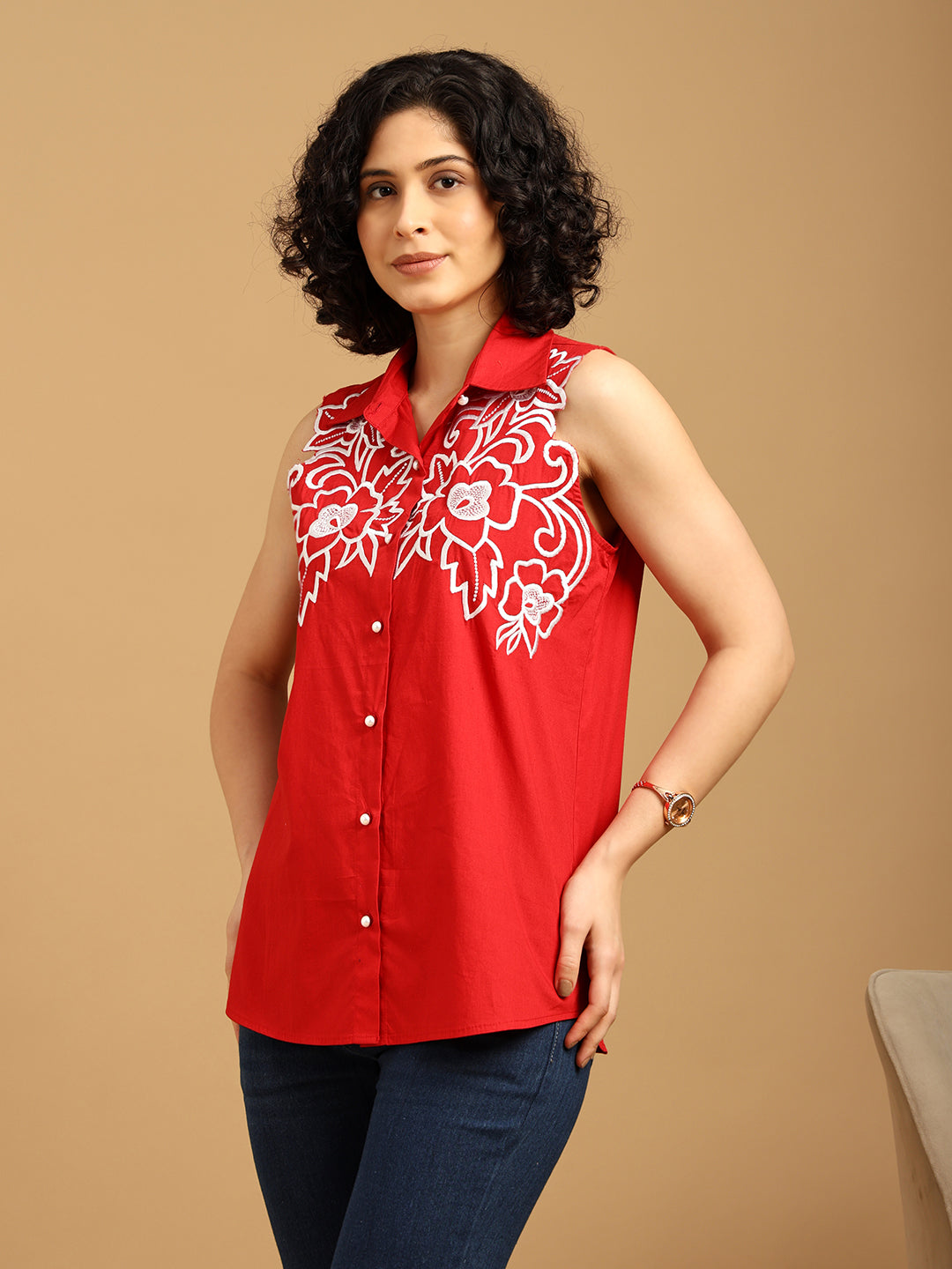 Red Shirt with white Cut Out Embroidery