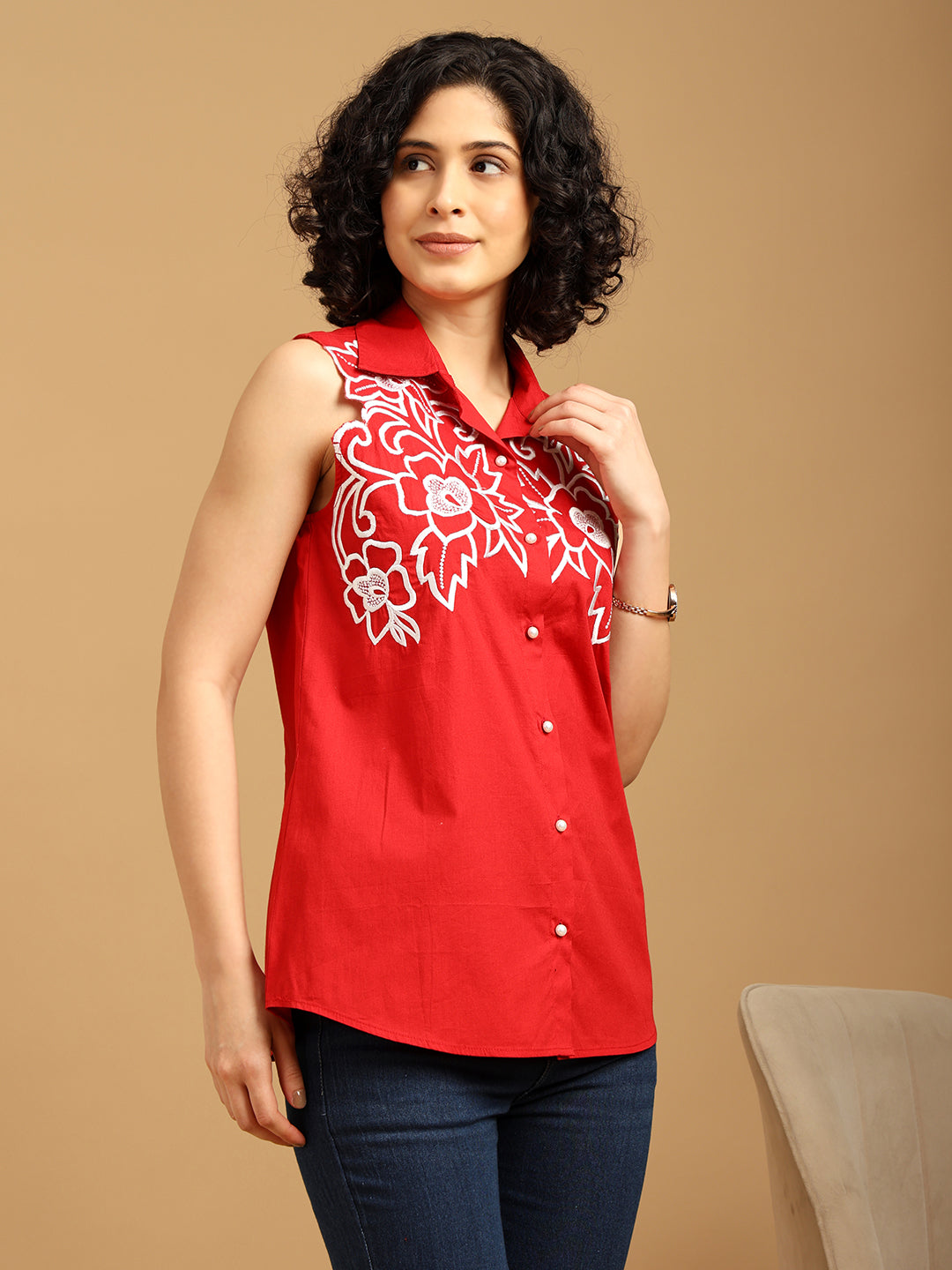 Red Shirt with white Cut Out Embroidery