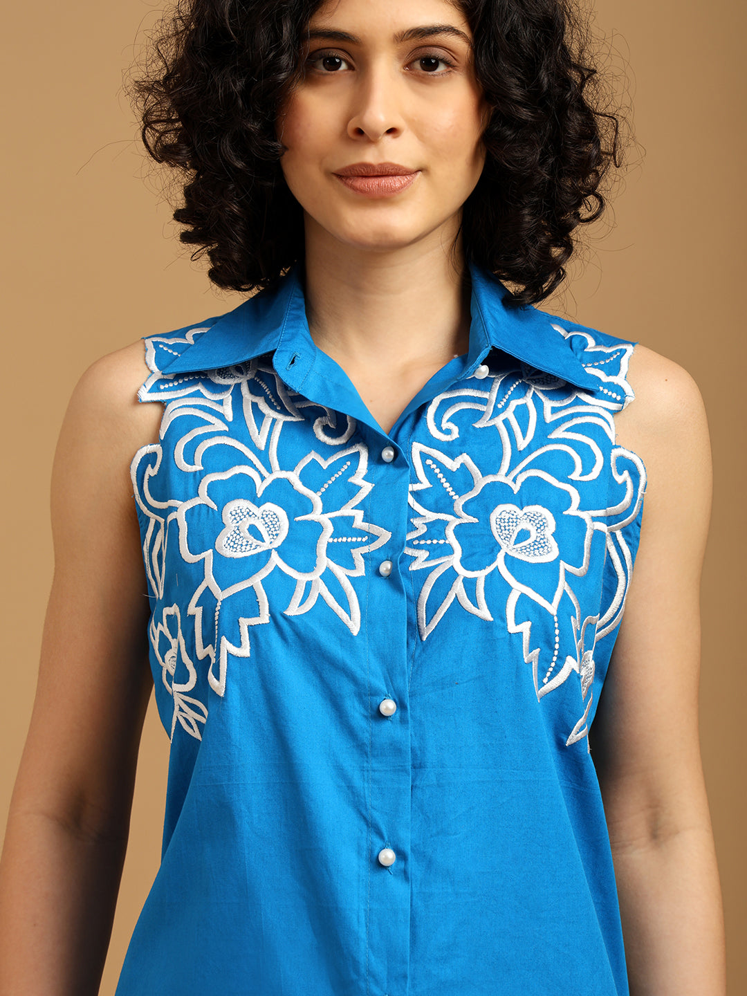 Blue Shirt with White Cut Out Embroidery