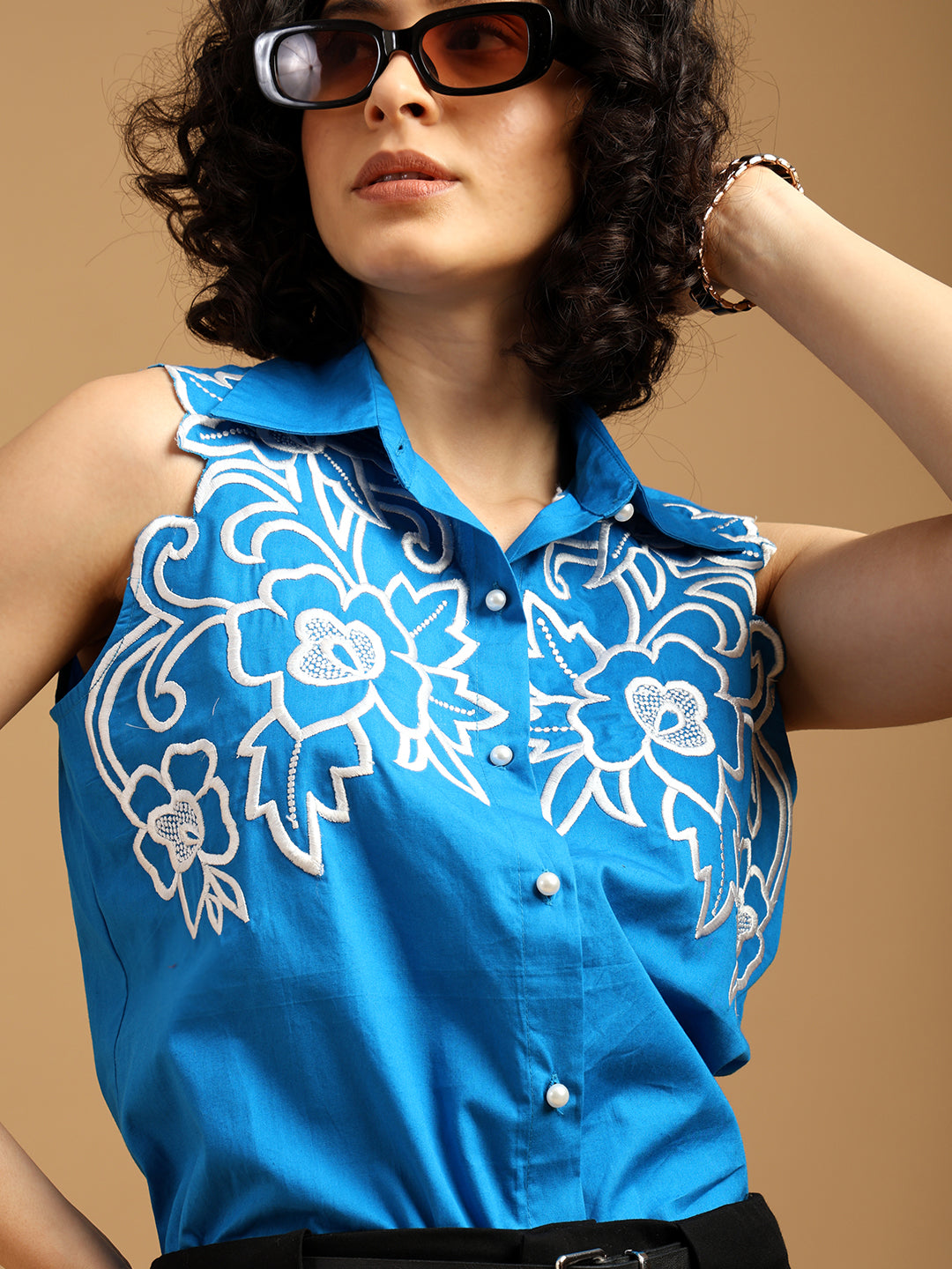 Blue Shirt with White Cut Out Embroidery