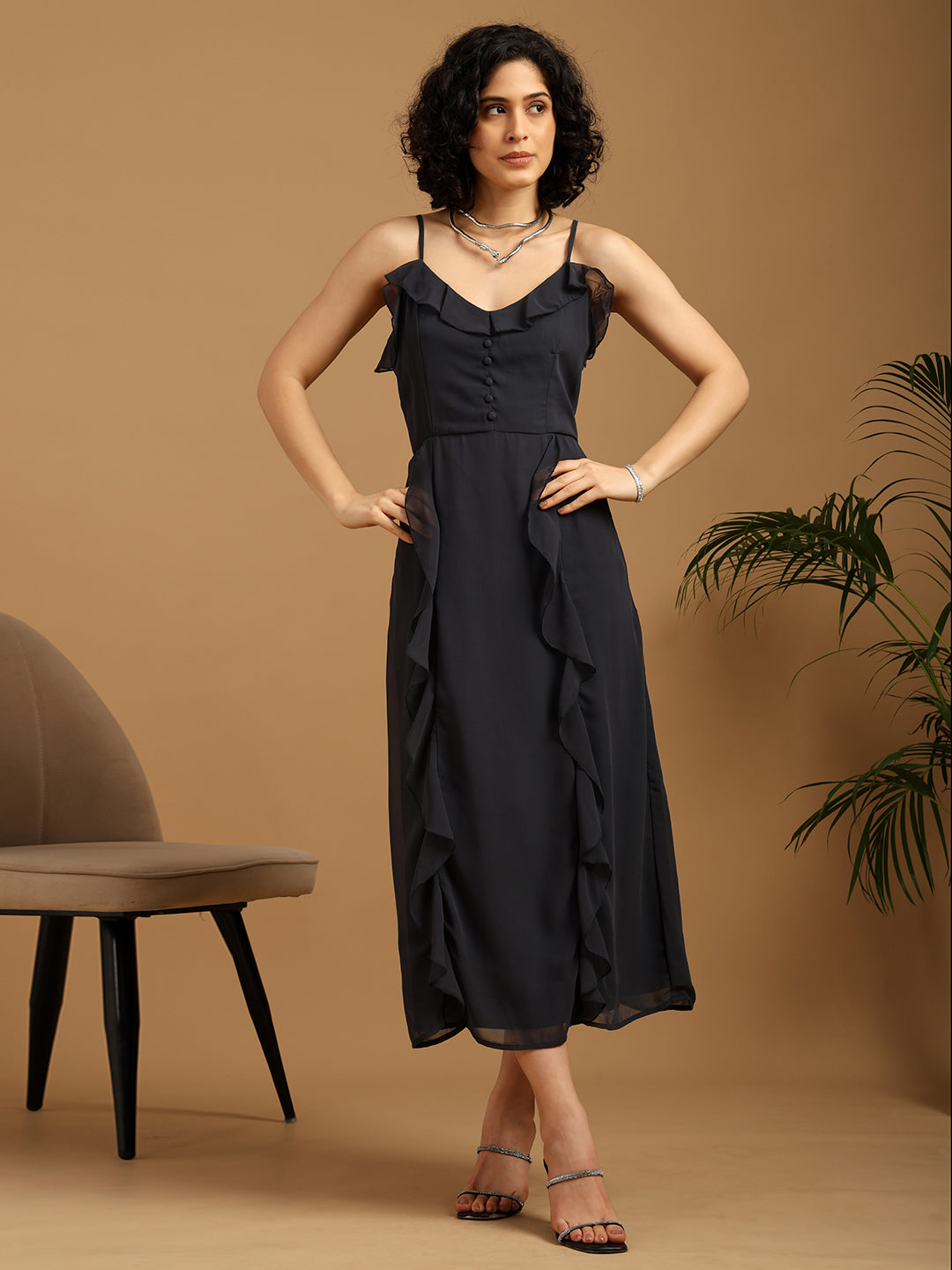 Charcoal grey Slip dress with frill