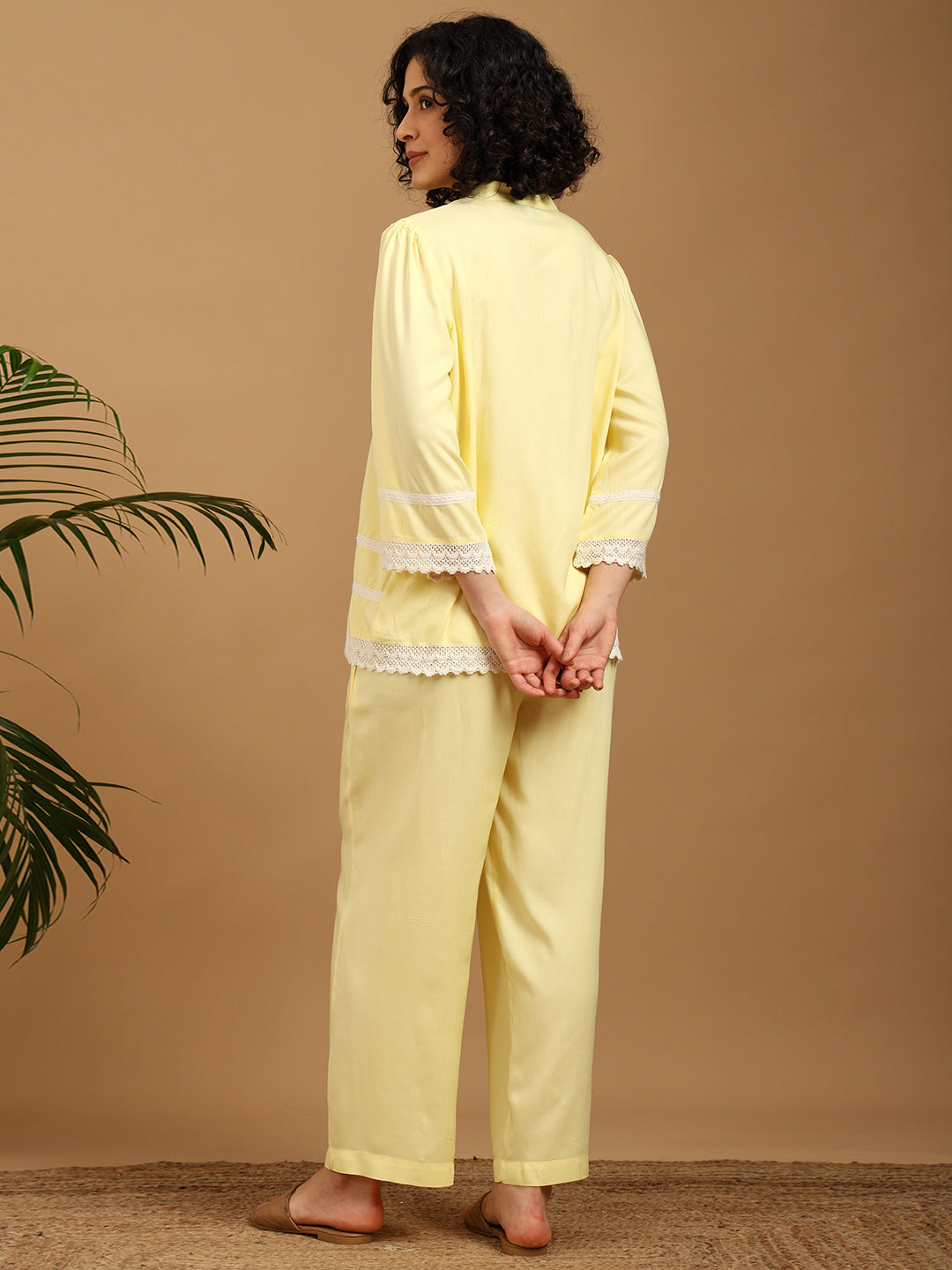 Yellow Nightwear with Lace Detail at Sleeves and Hem