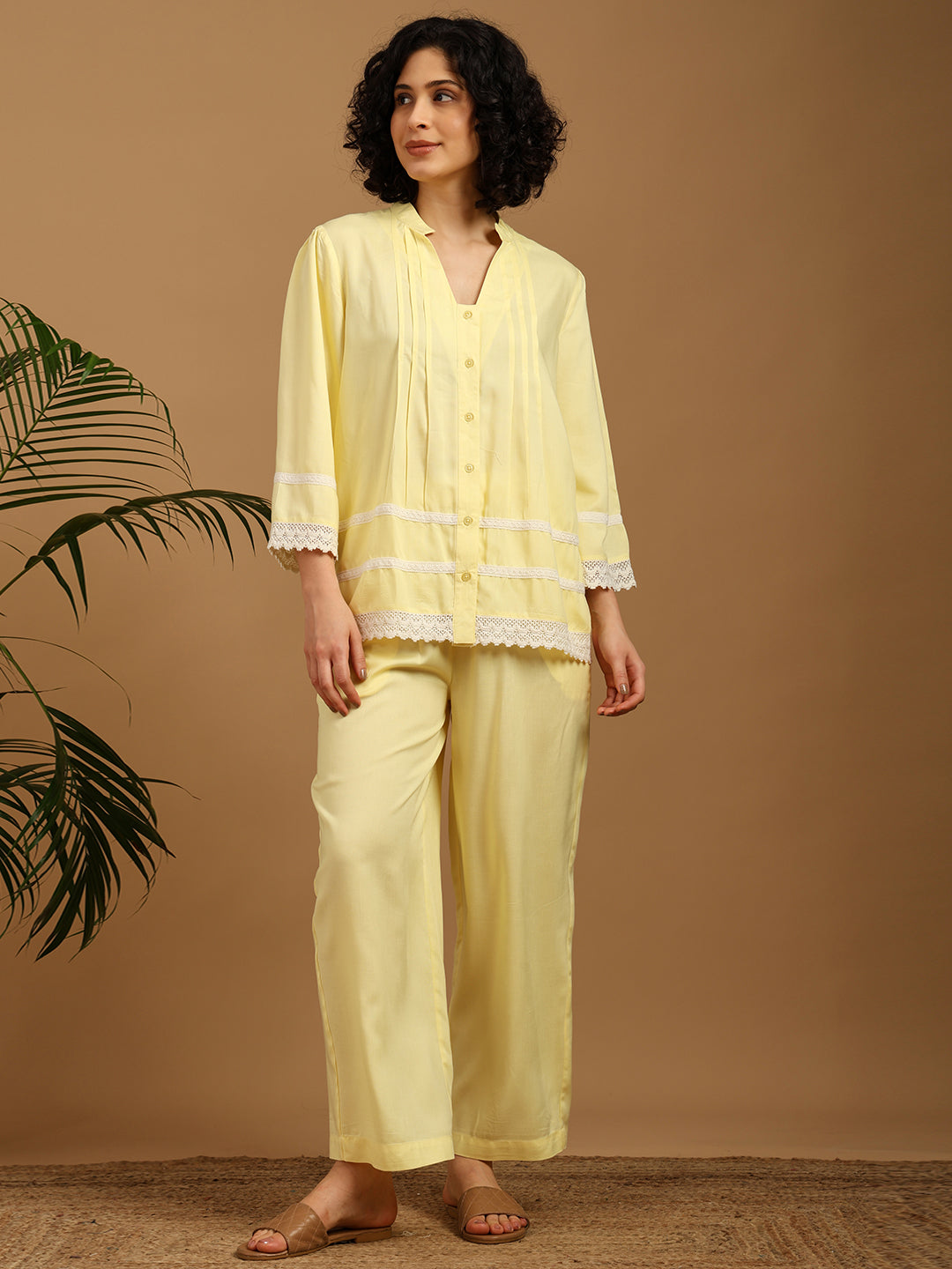 Yellow Nightwear with Lace Detail at Sleeves and Hem