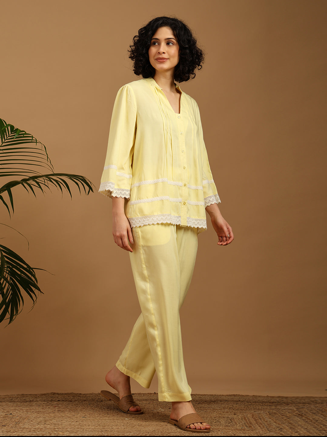 Yellow Nightwear with Lace Detail at Sleeves and Hem