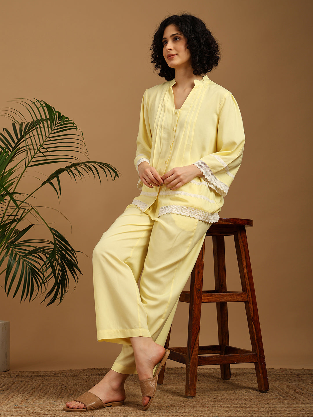 Yellow Nightwear with Lace Detail at Sleeves and Hem