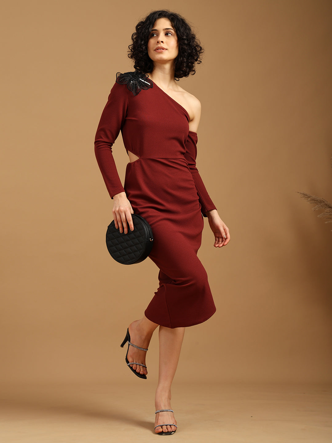 One-Shoulder Floral Embellished Dress