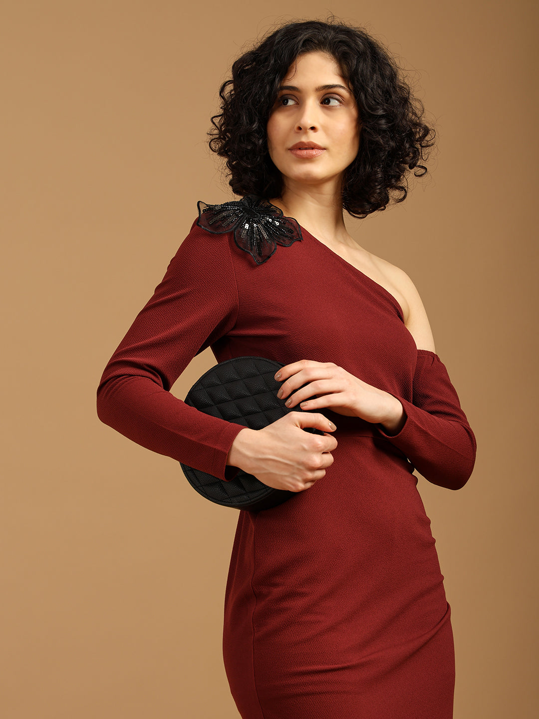 One-Shoulder Floral Embellished Dress XL / Maroon
