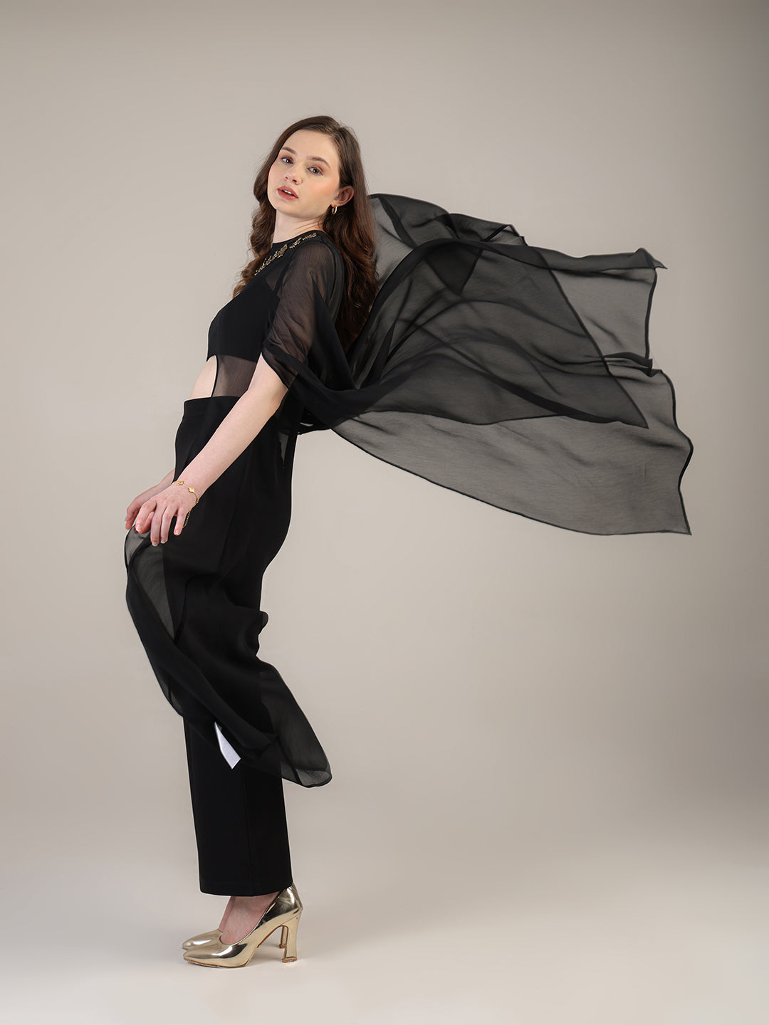 Dramatic Black cape with cami and trousers