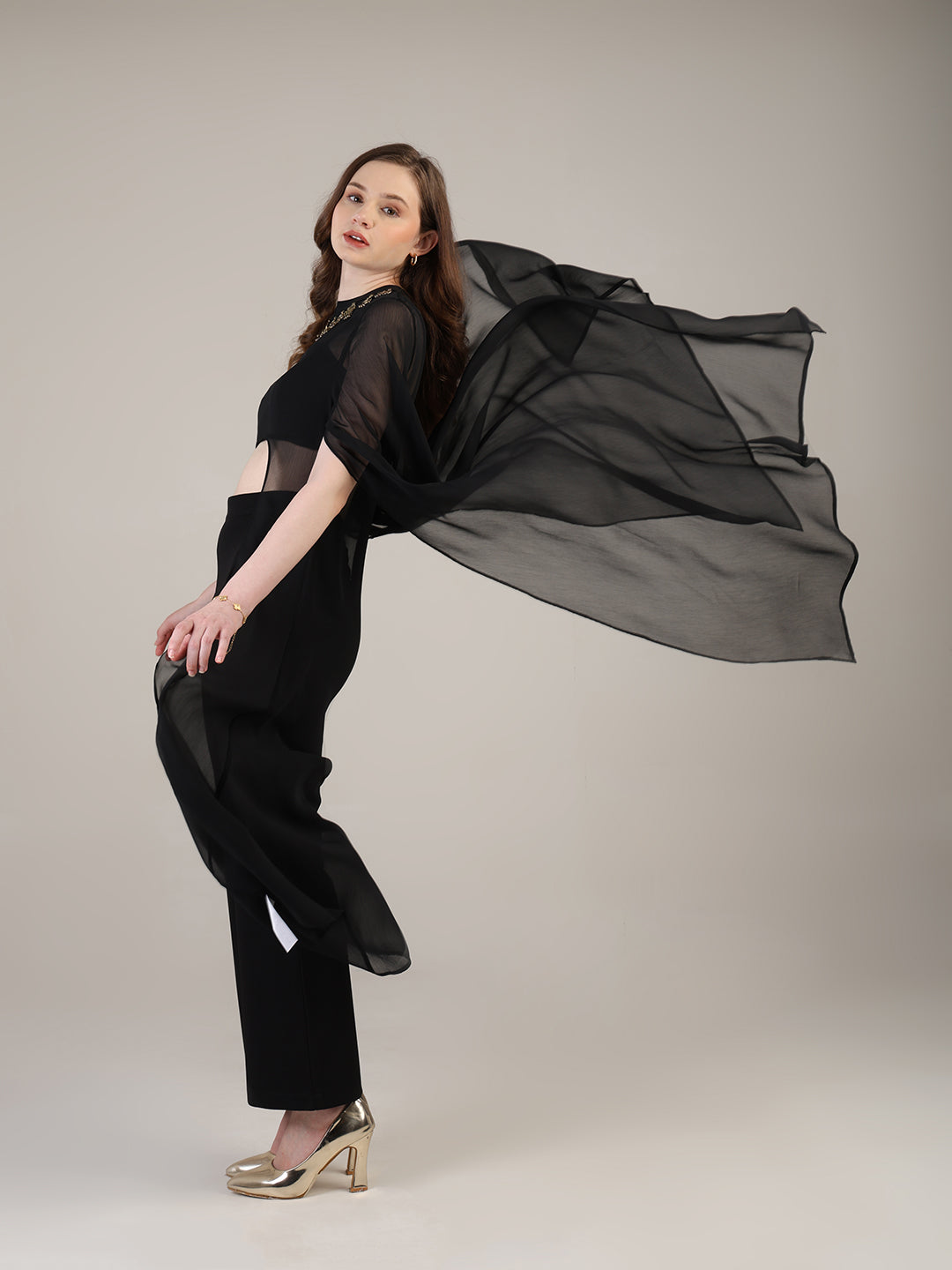 Dramatic Black cape with cami and trousers