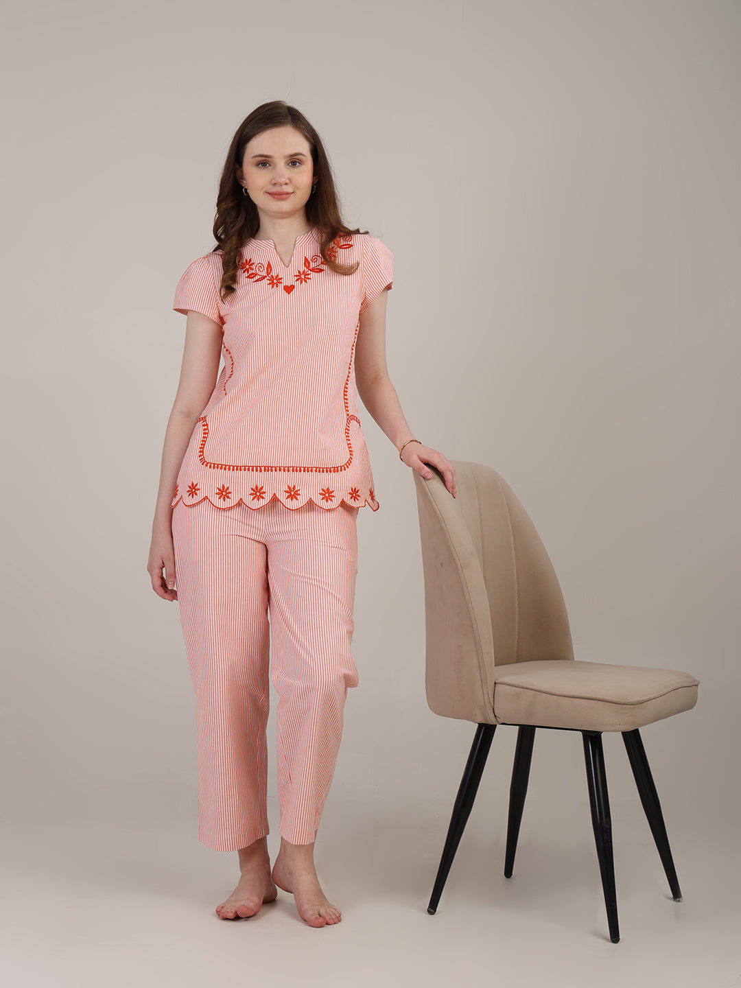 Orange Striper nightwear with embroidery