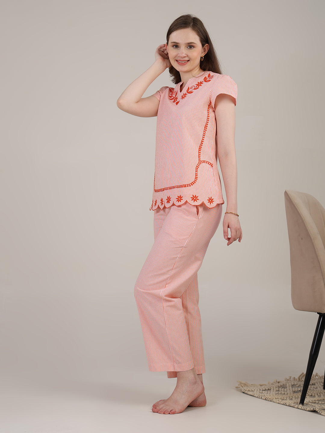 Orange Striper nightwear with embroidery