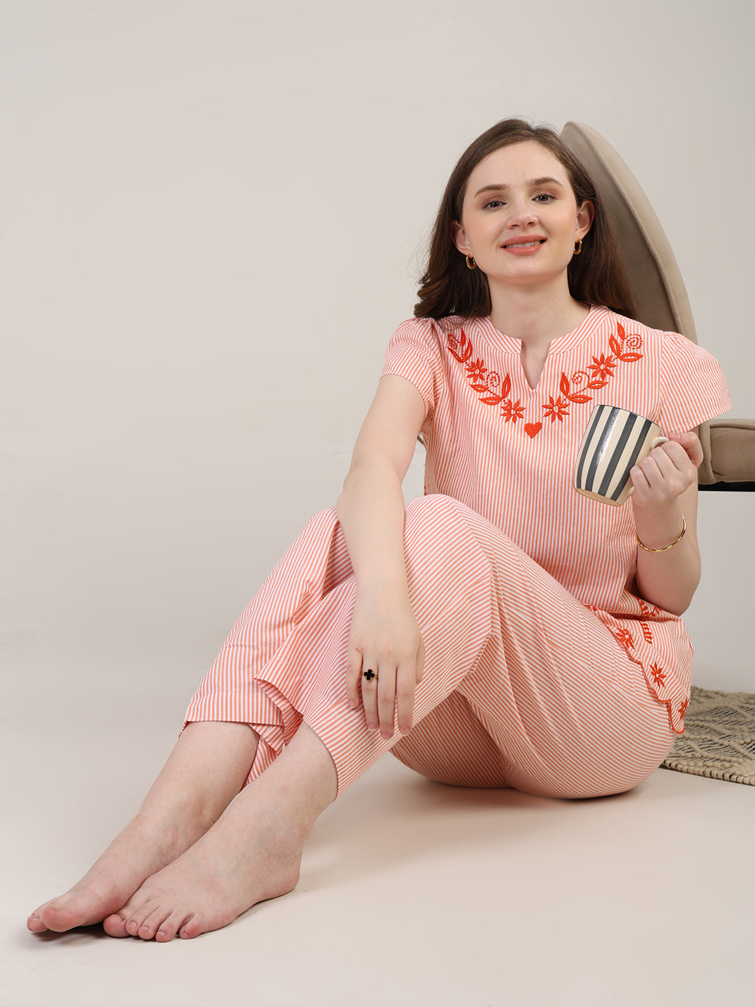 Orange Striper nightwear with embroidery