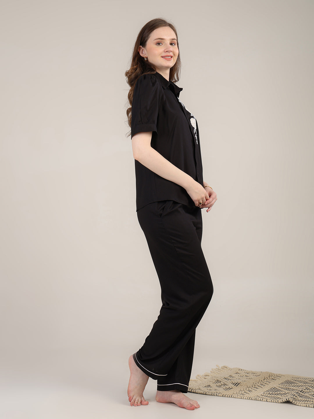Black PYJAMA SET WITH applique embroidery
