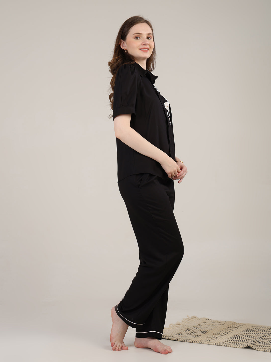Black PYJAMA SET WITH applique embroidery