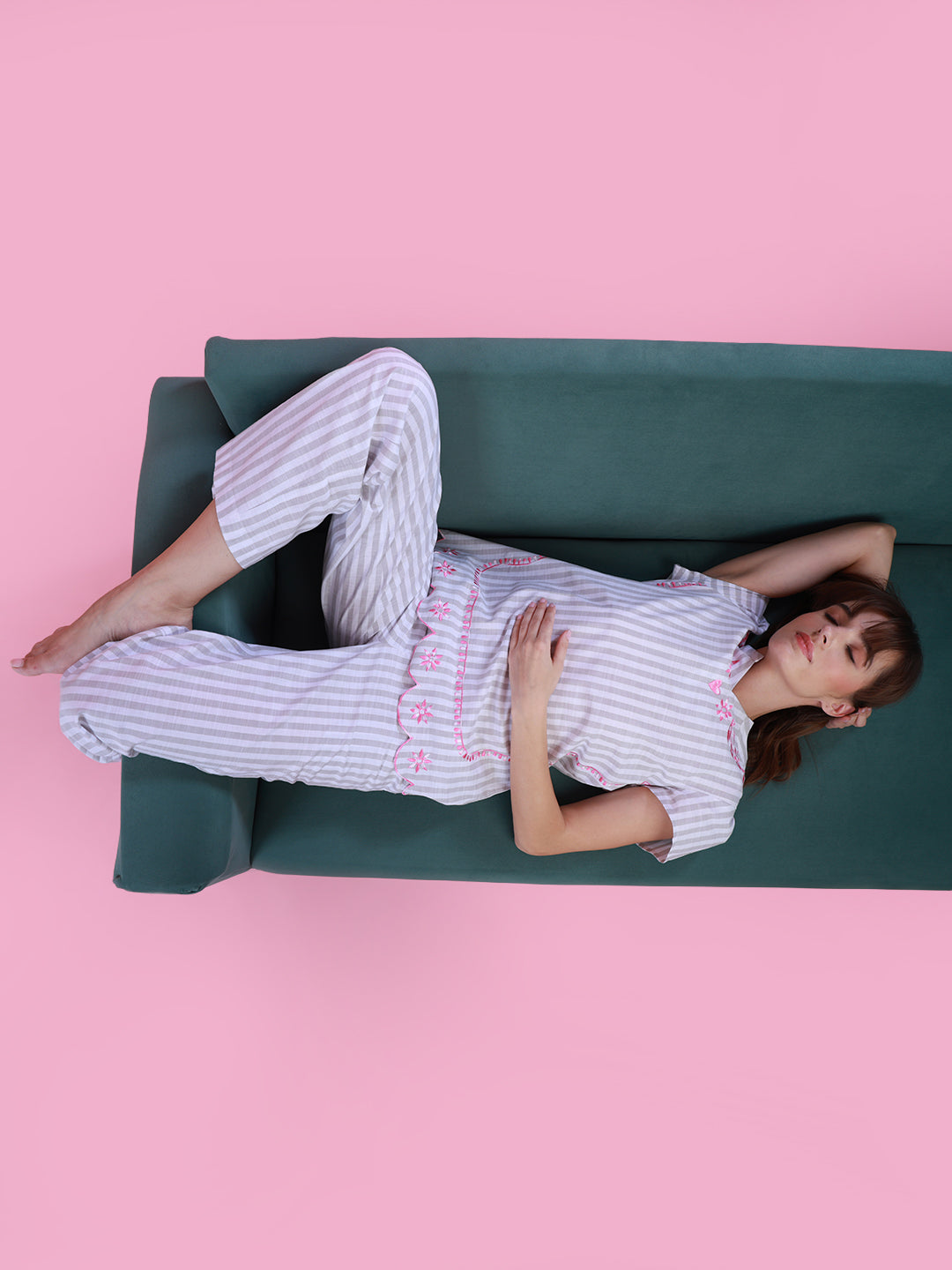 Grey Striper Nightwear with Embroidery for women