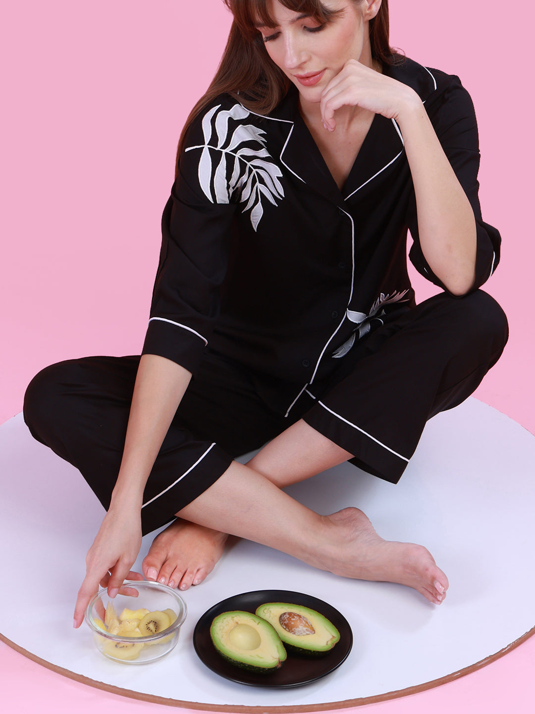 Black Nightwear with Leafy Detail for Women