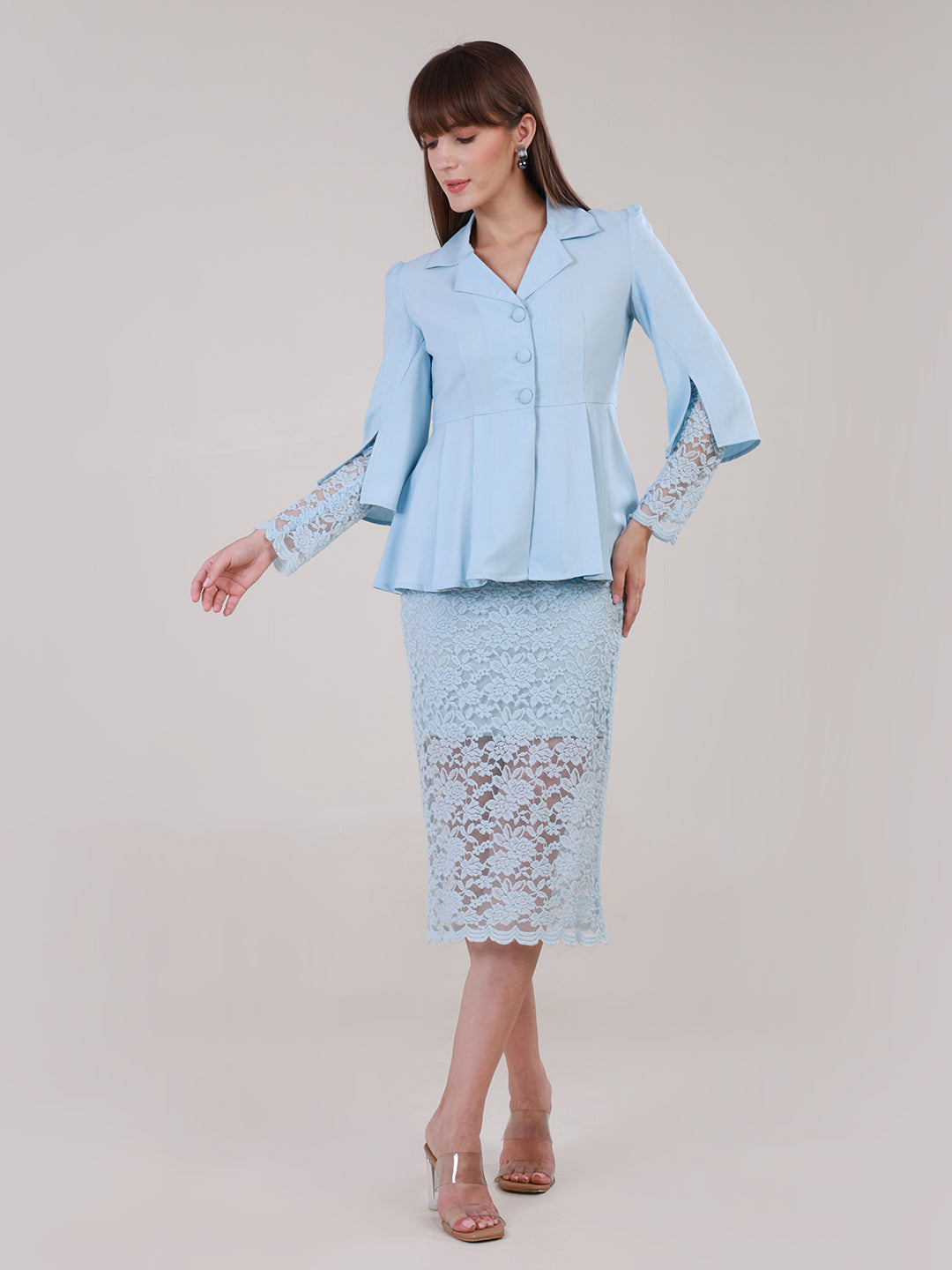 Sky Blue Peplum Blazer & Lace Pencil Skirt