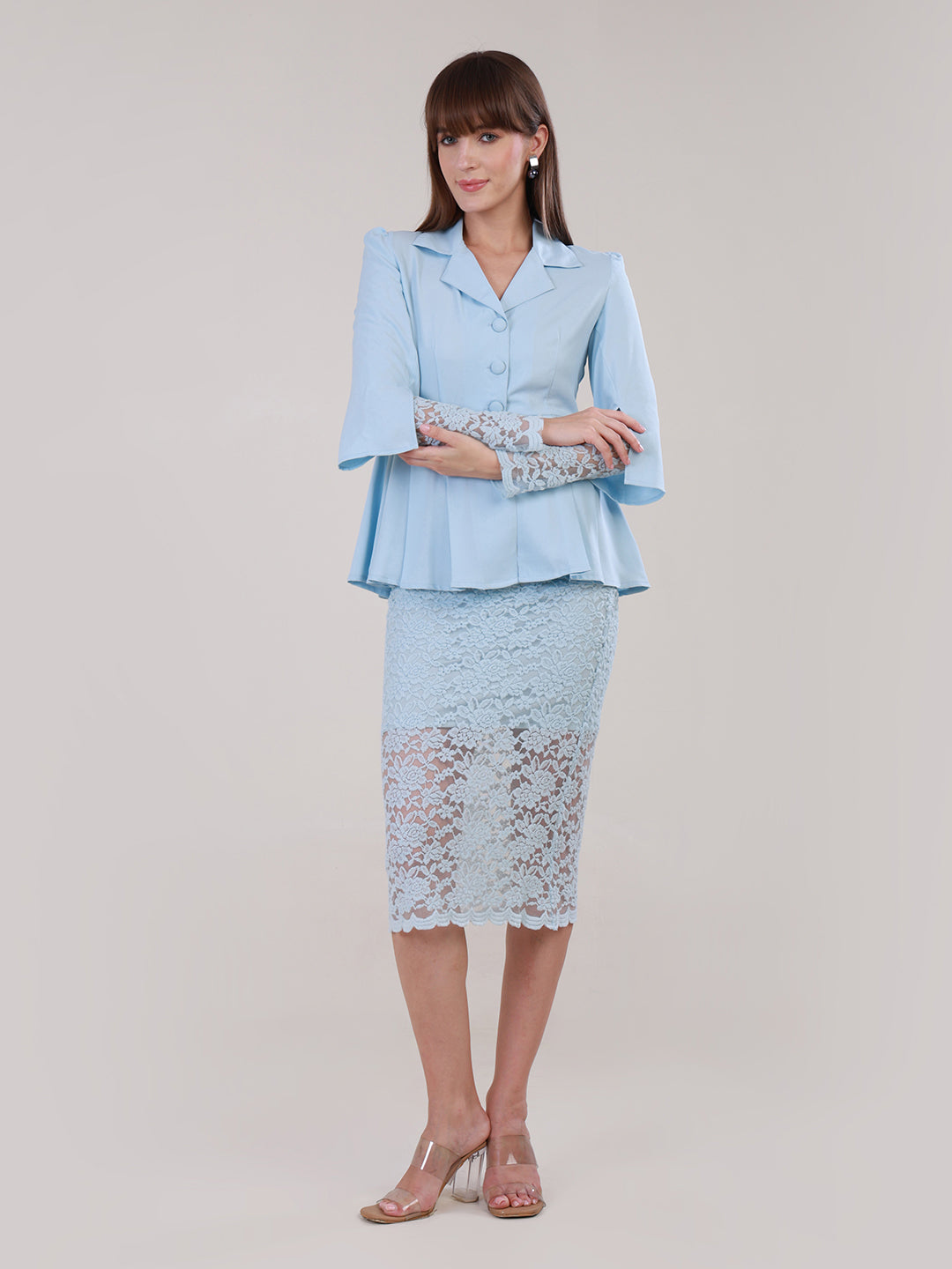 Sky Blue Peplum Blazer & Lace Pencil Skirt