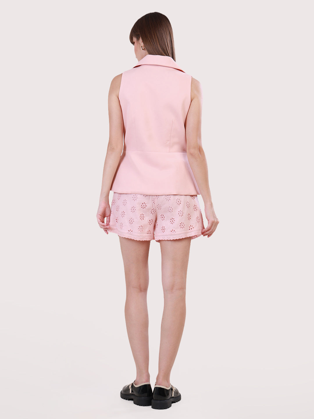 Peach Sunlit Eyelet Blazer Shorts Set for Women