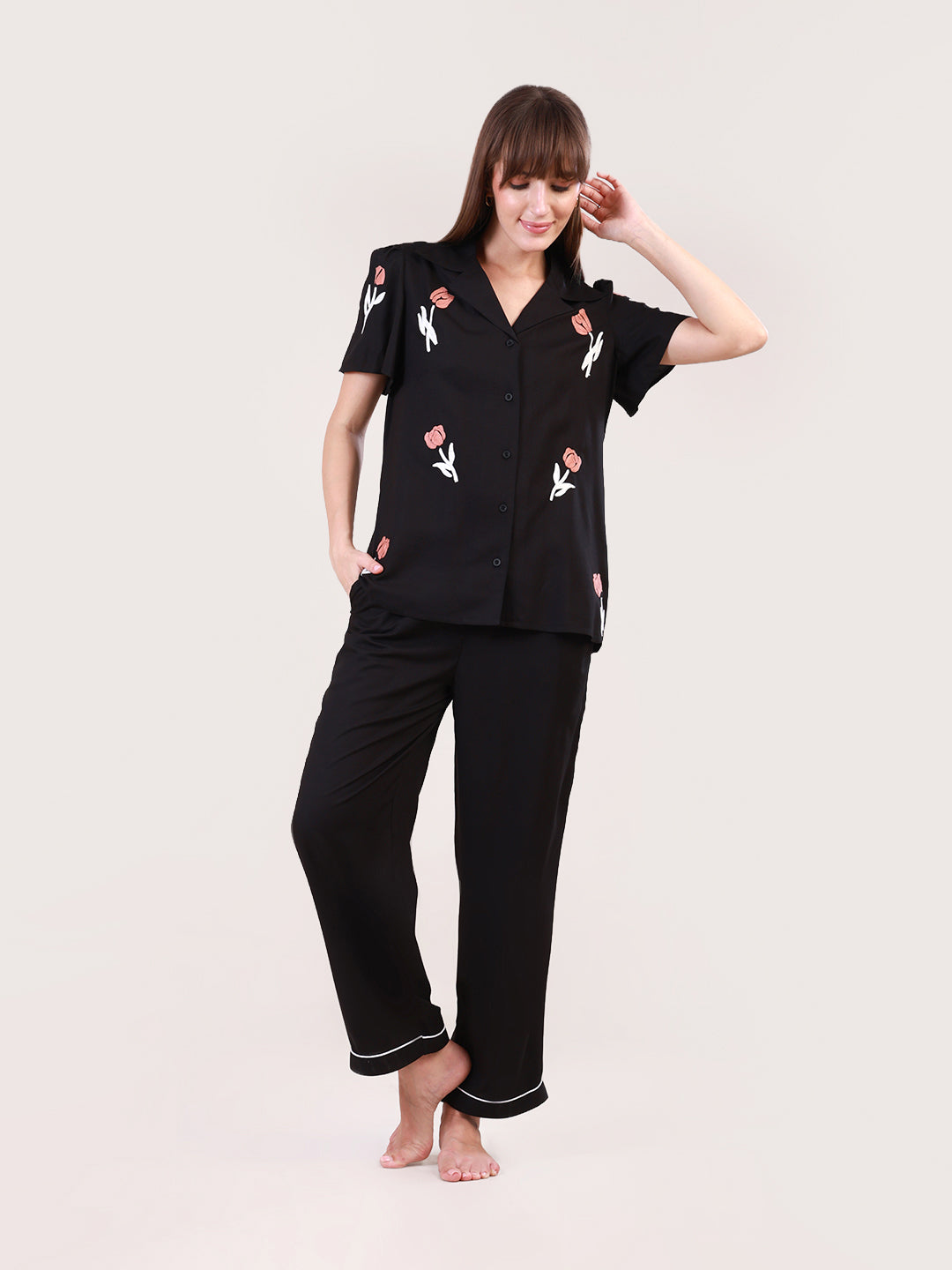 Floral Embroidered Black Nightwear set for women