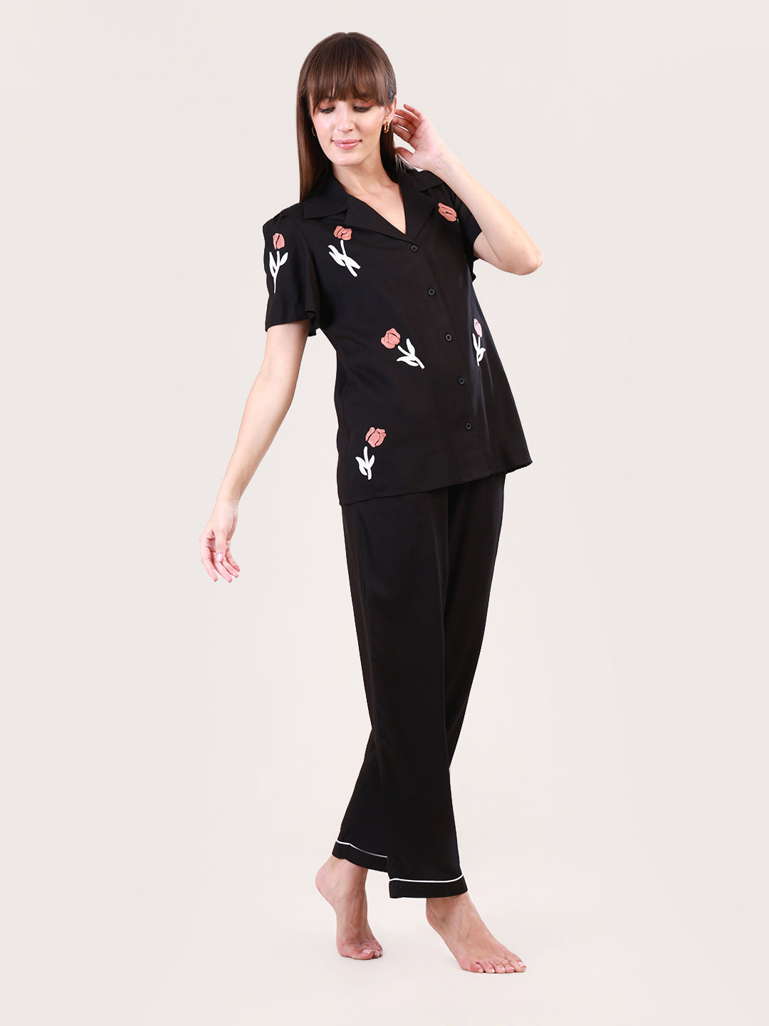 Floral Embroidered Black Nightwear set for women