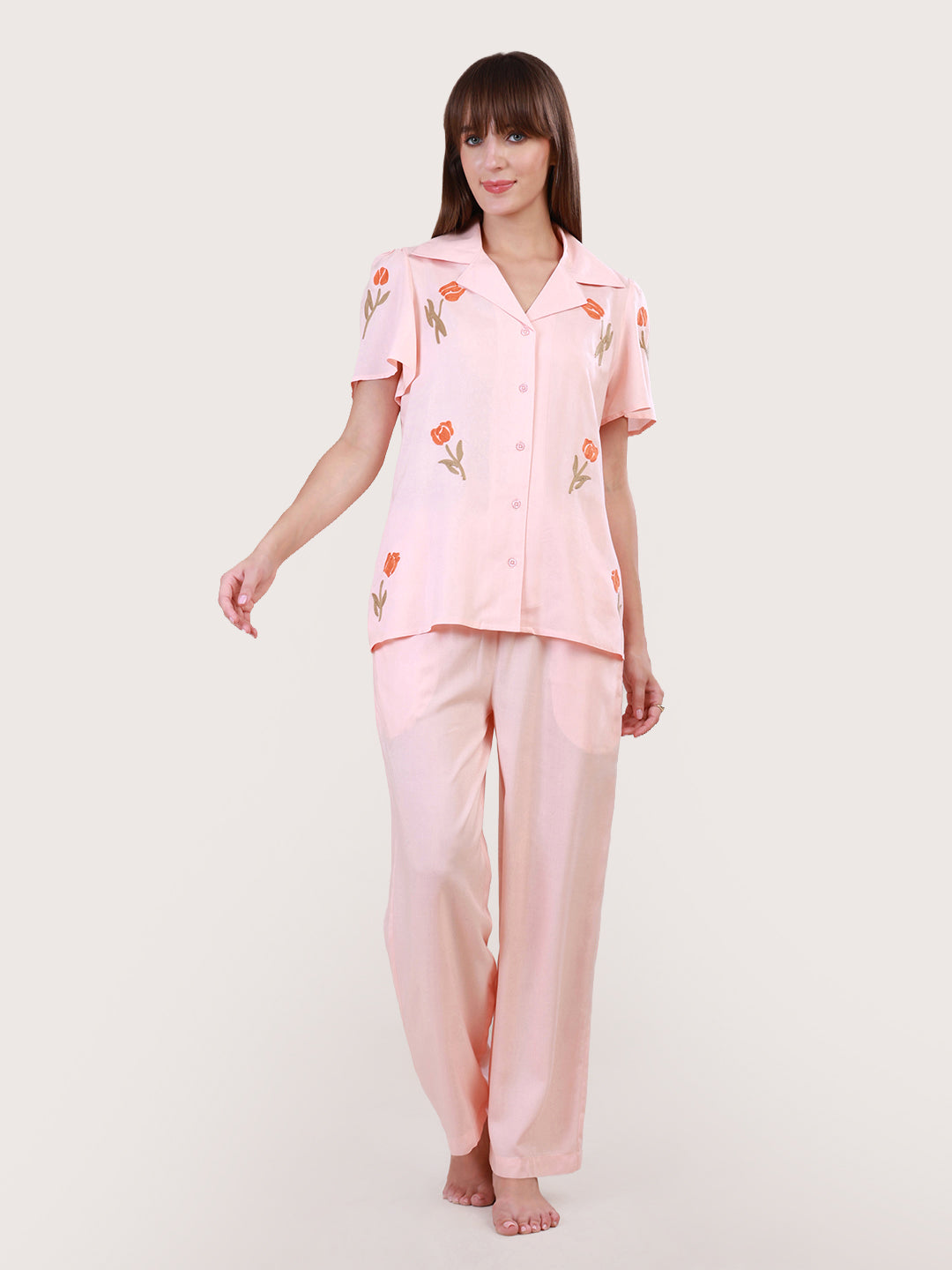 Midnight Bloom Peach Pyjama Set for Women