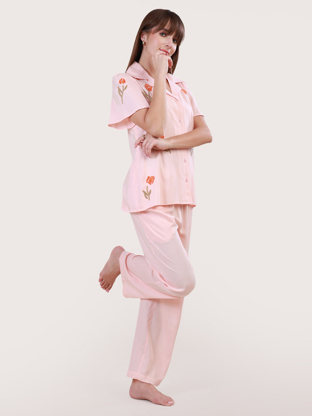 Midnight Bloom Peach Pyjama Set for Women