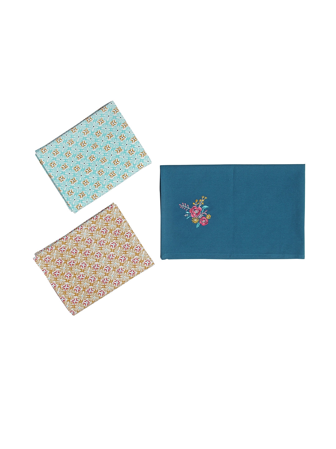 Set Of 3 Rose Embroidered Printed Kitchen Towel