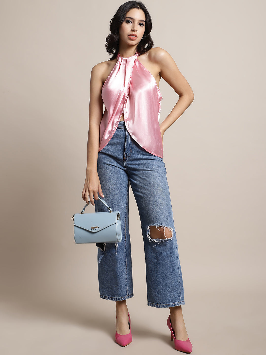 Blanc9 Pink Wrap Satin Top