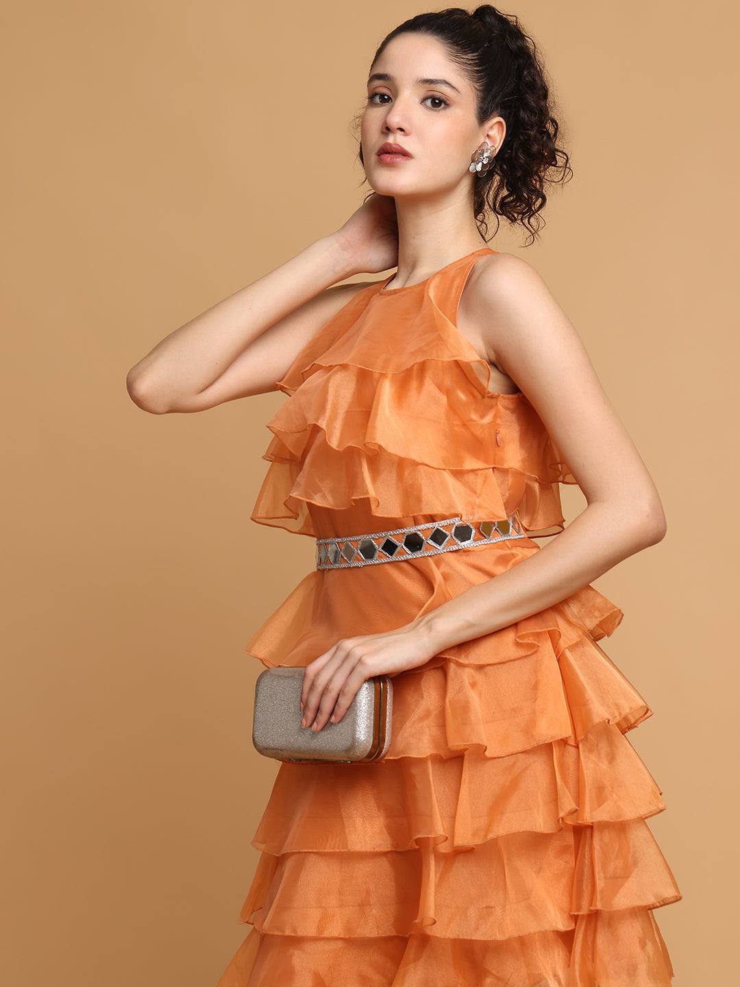Orange Frill Dress With Mirror Belt