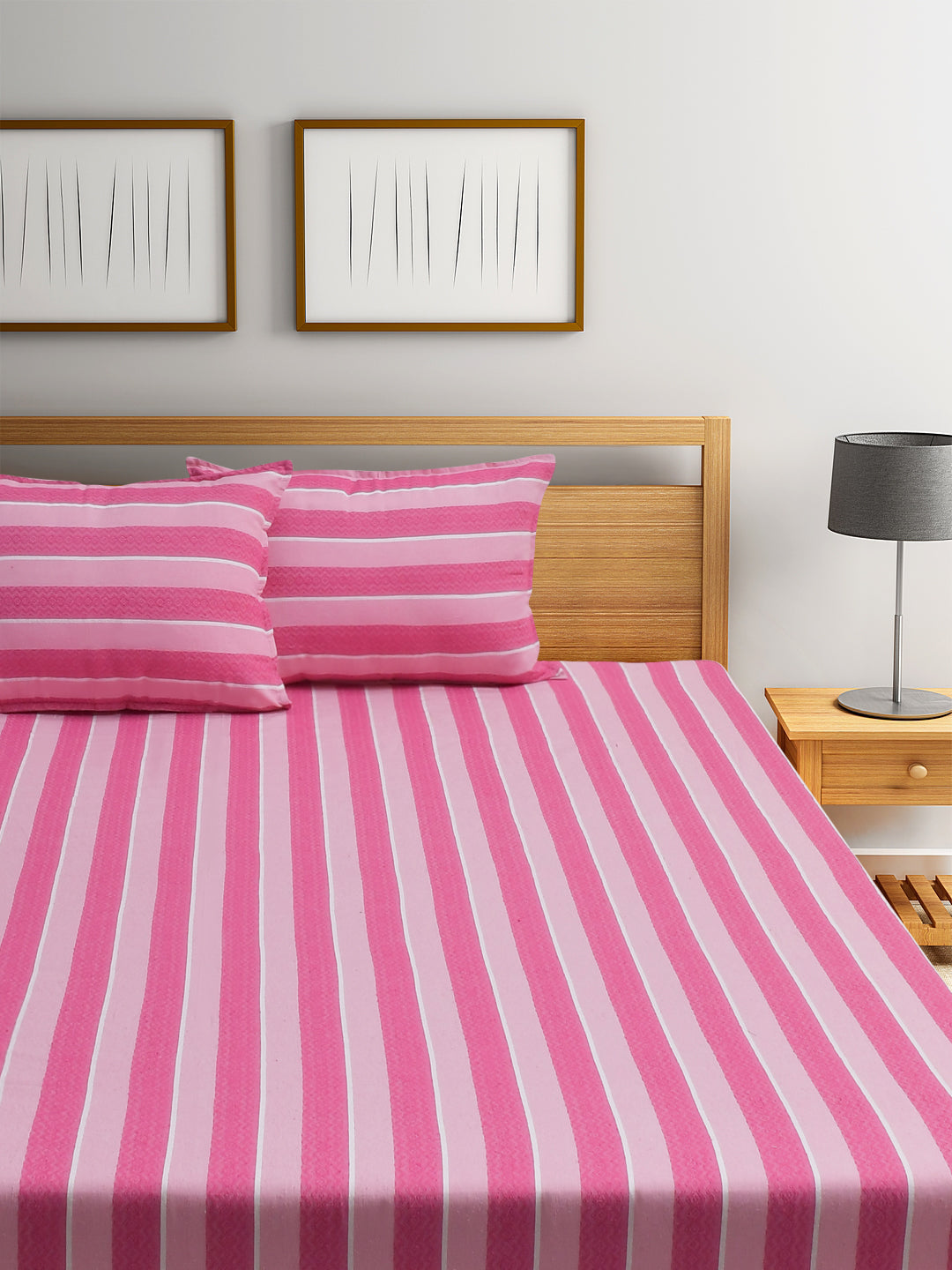 Blanc9 Fuchsin lane Jacquard Pink Cotton Double Bedsheet with Pillows