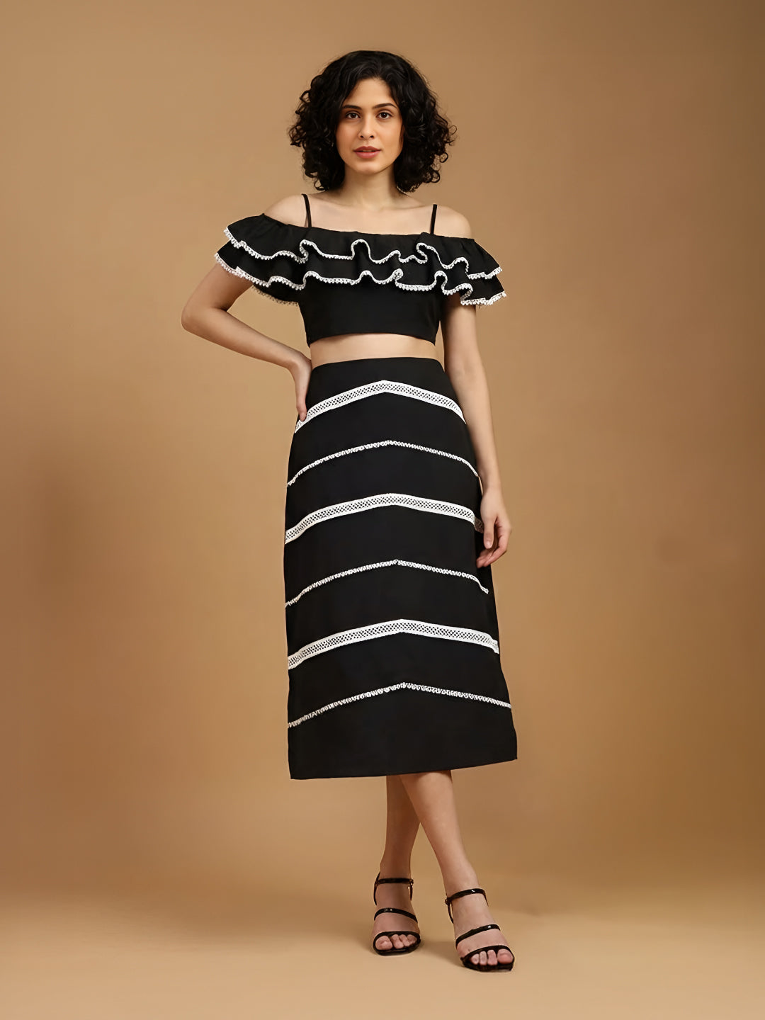 Black Beachy Top With Laced Skirt